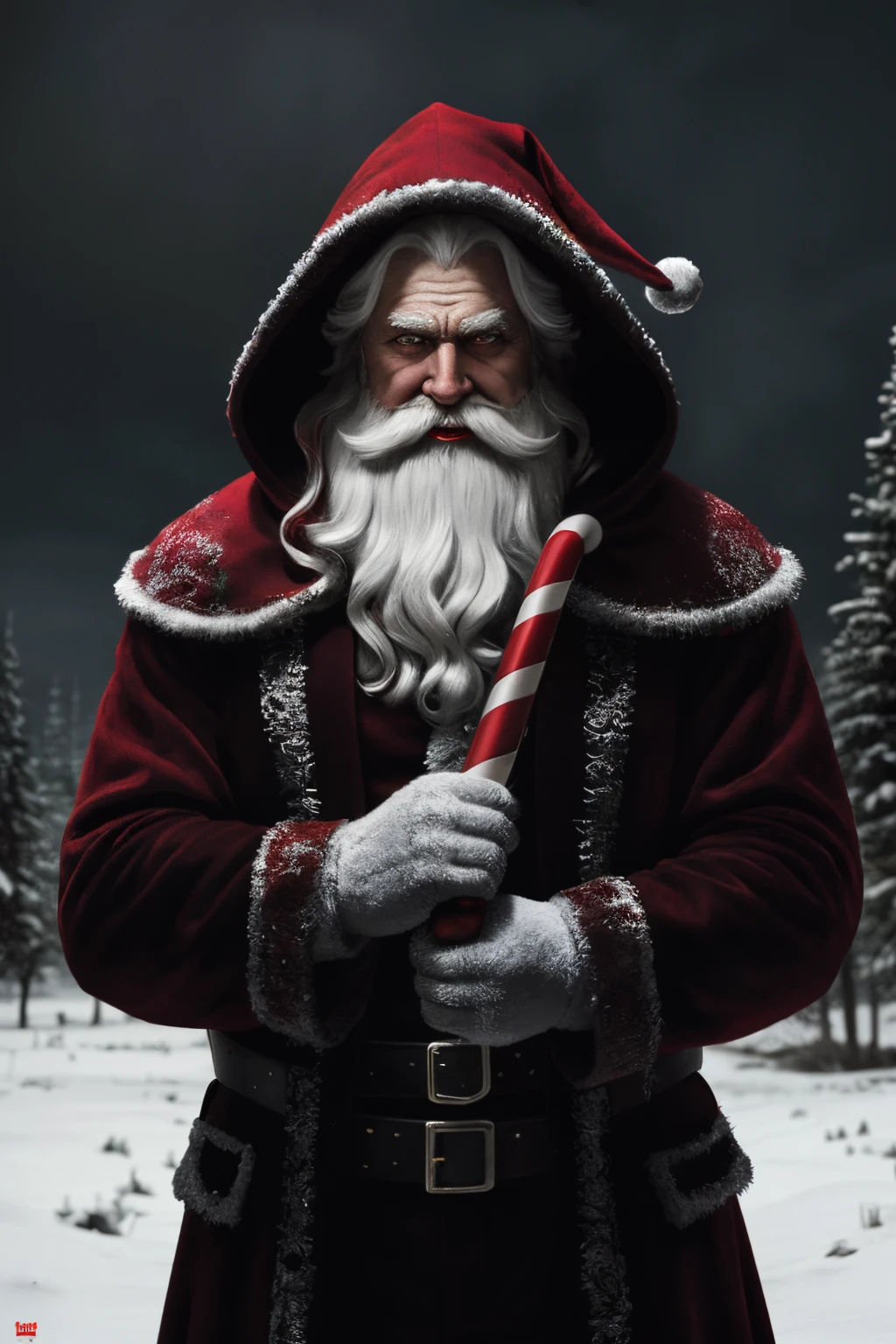 An evil Santa Claus with an evil smile, standing in a snow-covered landscape, holding a wickedly sharp candy cane. The sinister smile on his face reveals a mouthful of jagged teeth. He wears a tattered red and black Santa suit, with dark, creepy eyes staring out from underneath his hood. The scene is surrounded by an eerie glow, casting long, menacing shadows on the ground. The colors are desaturated, with a cold and dark color palette, adding to the ominous atmosphere. The lighting is low and dramatic, highlighting the details of the Santa Claus and emphasizing his malevolent presence. The artwork is a high-resolution digital illustration, with ultra-fine painting techniques used to create realistic textures. The overall image quality is of the best quality, with sharp focus and vivid colors.