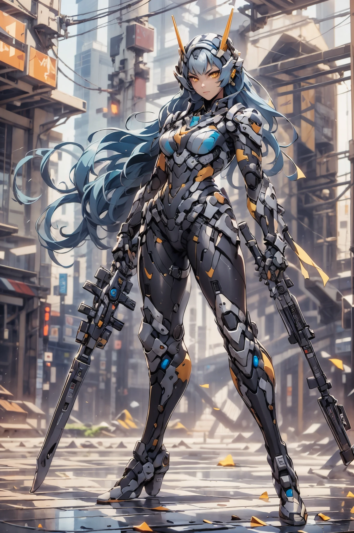 1female, blue hair, yellow eyes, wearing modern combat suit, beautiful, model, 4k, official art, highly detailed, master