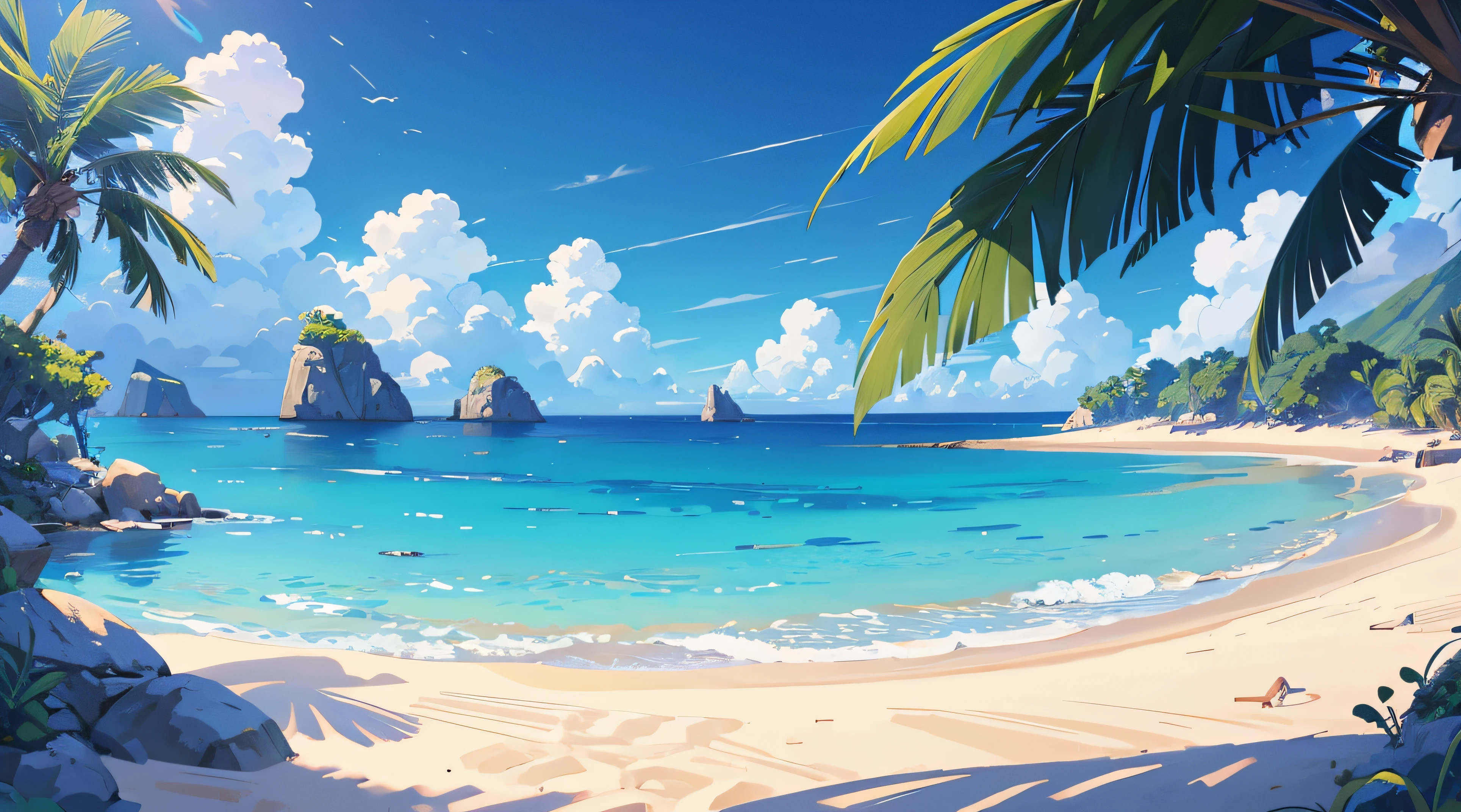 (illustrations : 1.0), Epic composition, photorealistic lighting, HD detail, ​masterpiece, Best quality at best, (Highly detailed CG integrated 8k wallpaper) , blue-sky, Blue Ocean, sand, islands on the horizon