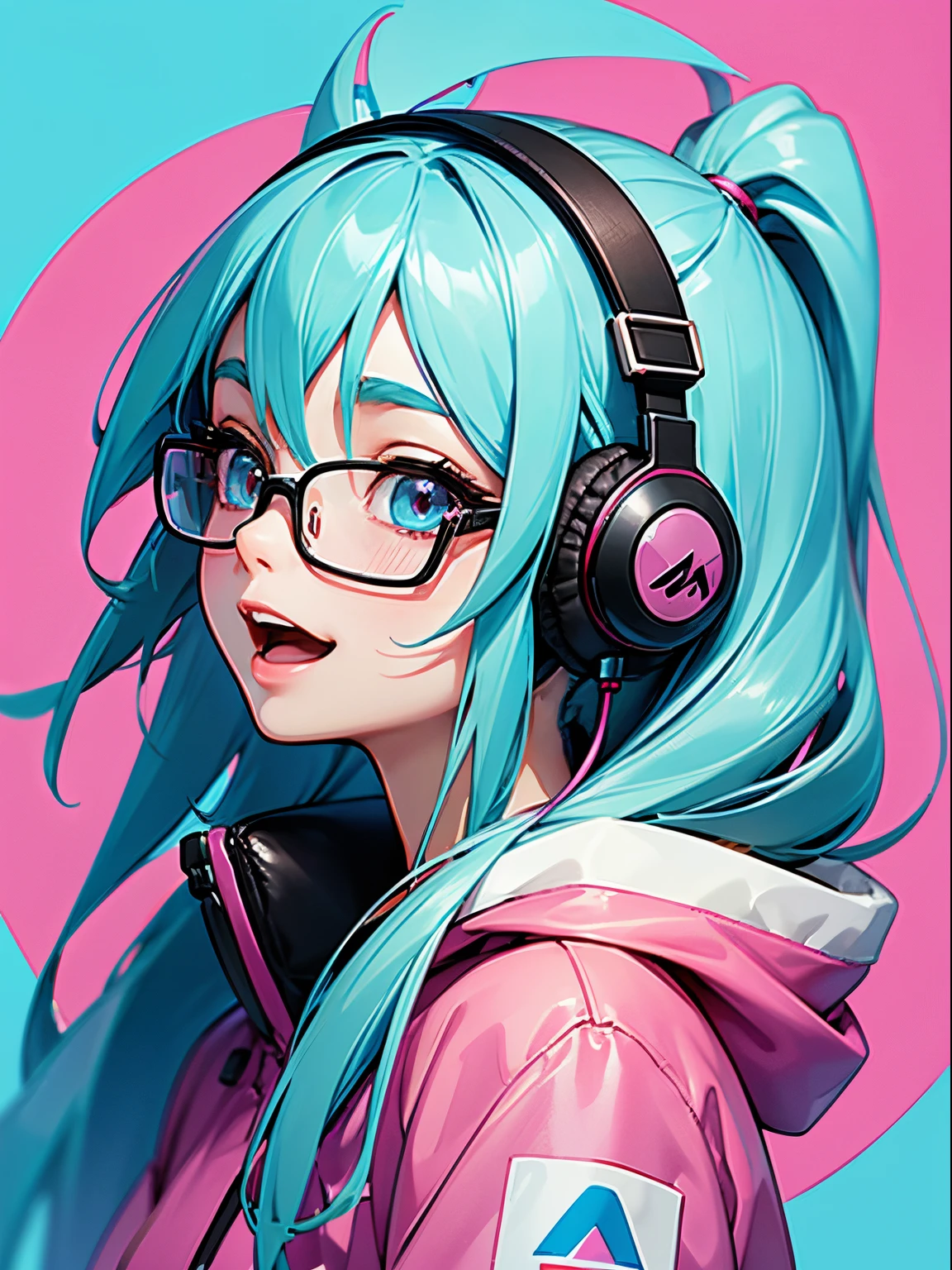 1beautiful girl、From Side、Turn your face to the side、The upper part of the body、profile、Smile with open mouth、(headphones)、Pop、Anime style、she is looking up diagonally、blue hairs、eye glasses、poneyTail、parka、simple background、Bright pink background、