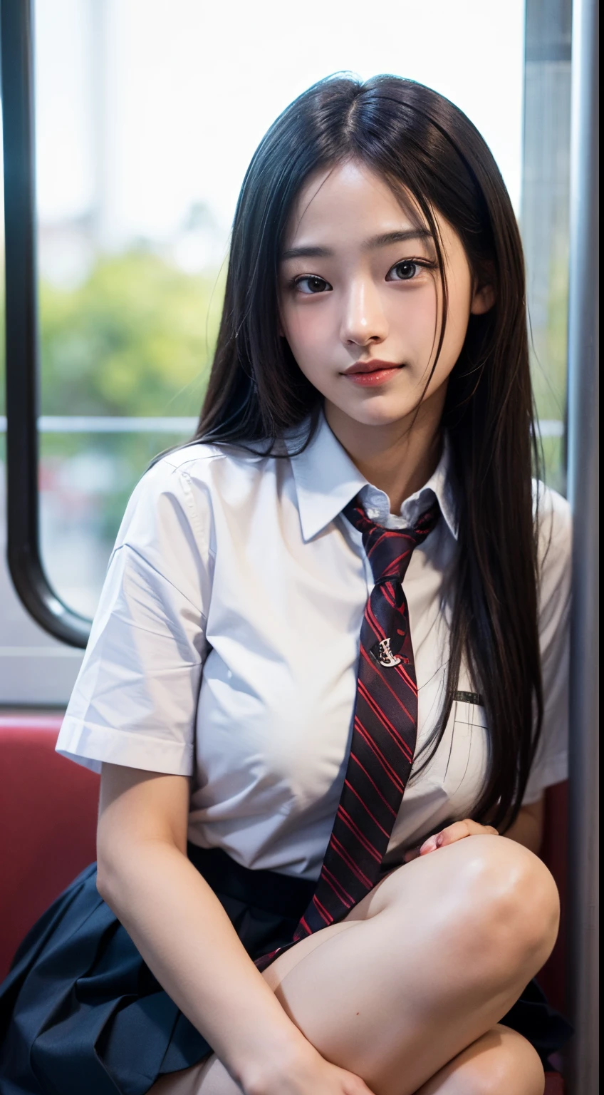 (masutepiece, Best Quality:1.2), 8K, 18year old, 85 mm, Official art, Raw photo, absurderes, White dress shirts, Pretty Face, close up, Upper body, violaceaess, gardeniass, Beautiful Girl, School uniform, (Navy pleated skirt:1.1), Cinch West, thighs thighs thighs thighs, Short sleeve, on train, Sit on a bench seat, Looking at Viewer, No makeup, (Smile:0.4), Film grain, chromatic abberation, Sharp Focus, face lights, clear lighting, , Detailed face, Bokeh background, (dark red necktie:1.1)、Colossal tits