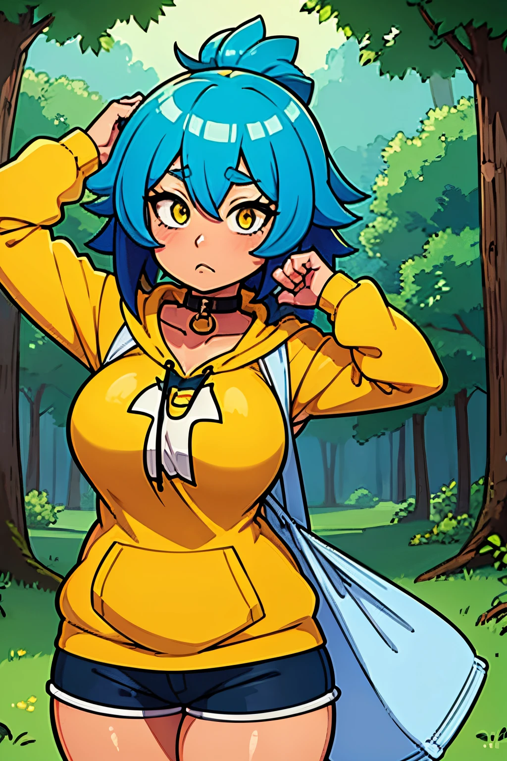 anime style, in forest, girl, blue hair, tanned skin, yellow eyes, medium breasts, thick thighs, bag under eyes, tired, yellow t-shirt, oversized blue hoodie, black shorts, big black dog collar, cum on face.