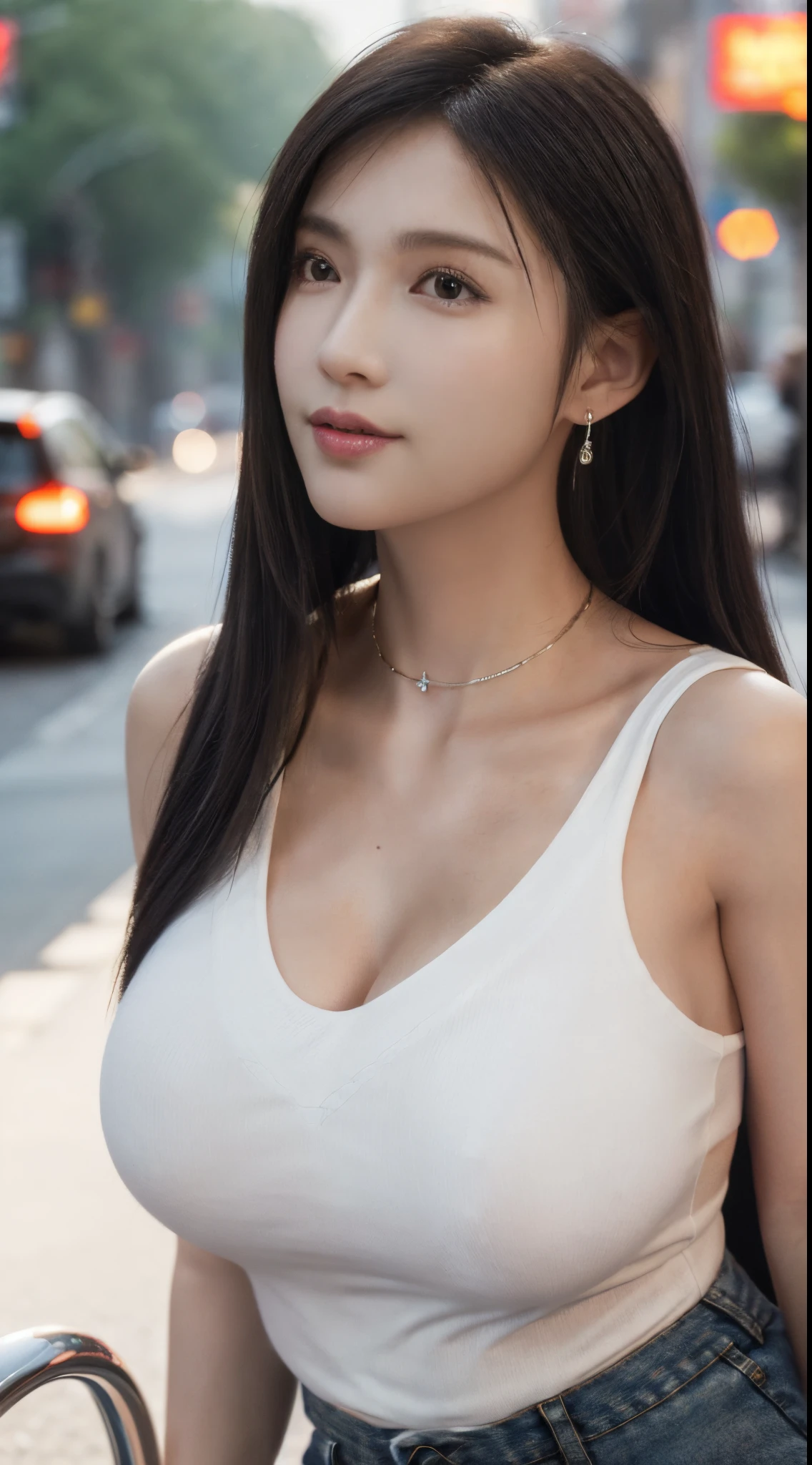 8K，hyper HD,tmasterpiece， Best quality at best， cinematic Film still from， 1 plump girl， the street， Low-cut transparent dress， Colossal tits，Colossal tits，Bigchest，low chest， Close-up cleavage， bright， cheerfulness， Warm and soft lighting， （fog atmosphere： 0.7） no brassiere，(Low-cut shirt:1.3)，Wear earrings，overmany，ssmile, choker necklace，Metropolitan Street，A plump chest