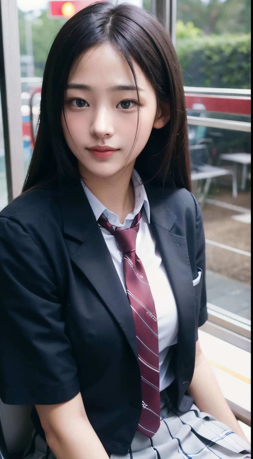 (masutepiece, Best Quality:1.2), 8K, 18year old, 85 mm, Official art, Raw photo, absurderes, White dress shirts, Pretty Face, close up, Upper body, violaceaess, gardeniass, Beautiful Girl, School uniform, (Navy pleated skirt:1.1), Cinch West, thighs thighs thighs thighs, Short sleeve, on train, Sit on a bench seat, Looking at Viewer, No makeup, (Smile:0.4), Film grain, chromatic abberation, Sharp Focus, face lights, clear lighting, , Detailed face, Bokeh background, (dark red necktie:1.1)、Colossal tits
