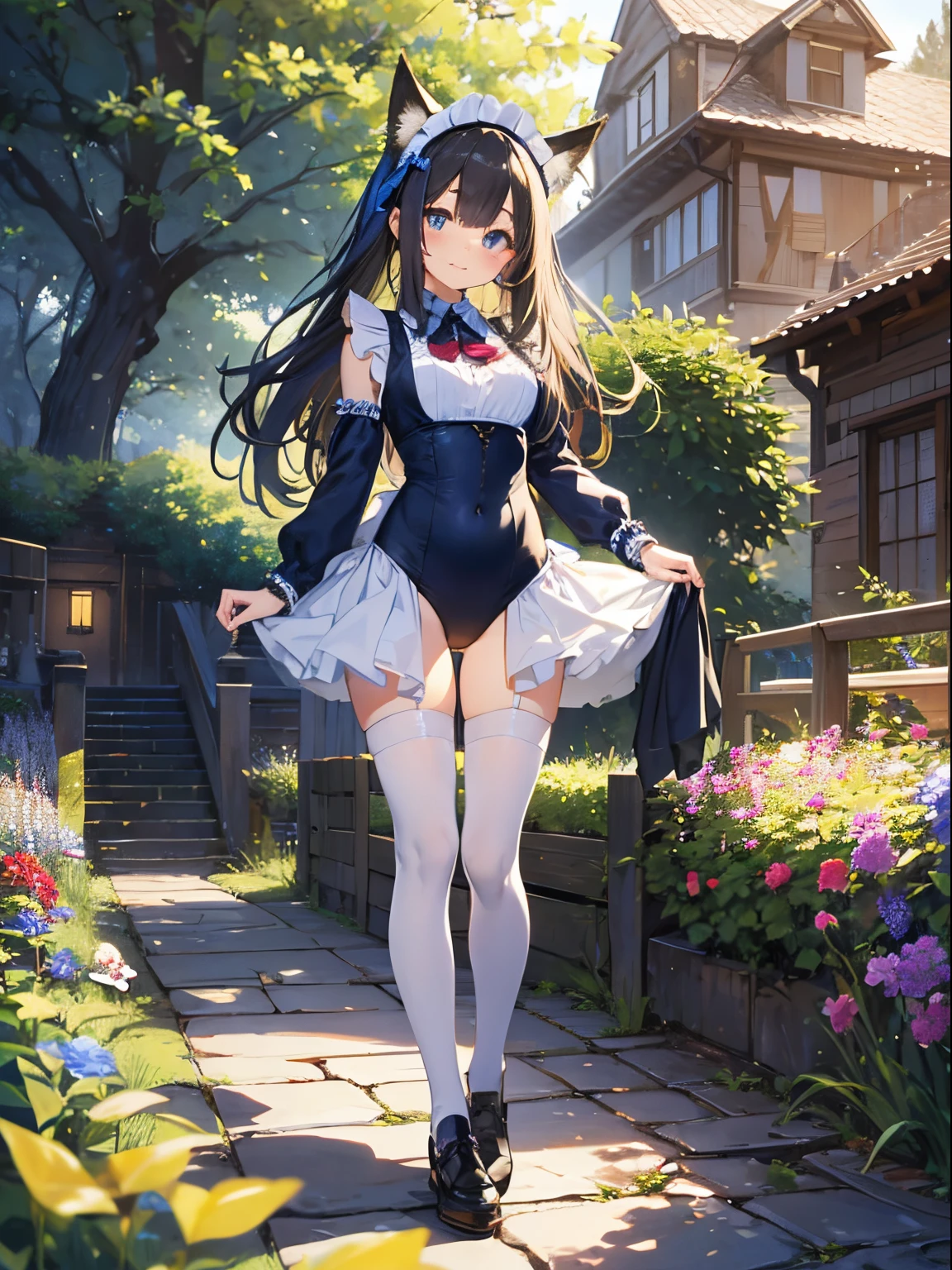 Beautiful illustration、top-quality、cute it girl、(transform sequence)、((blue maid style leotard))、10y old、elementr beautiful girl、Fractal Art、baby-face、((stright long ))、beul detailed eyes、A smile、Full Body Display、Western-style garden、(1 persons)、long-sleeve、landscaped gardens、(knee high socks)、is standing、(highleg)、Fox ears、