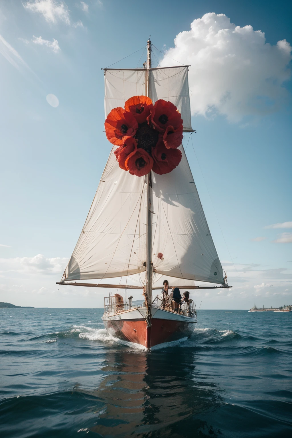 A woman sailing away in a red poppy shaped boat, fine details, capture the essense of nostalgia, high quality, vibrant, cinematic, conceptual art, photo