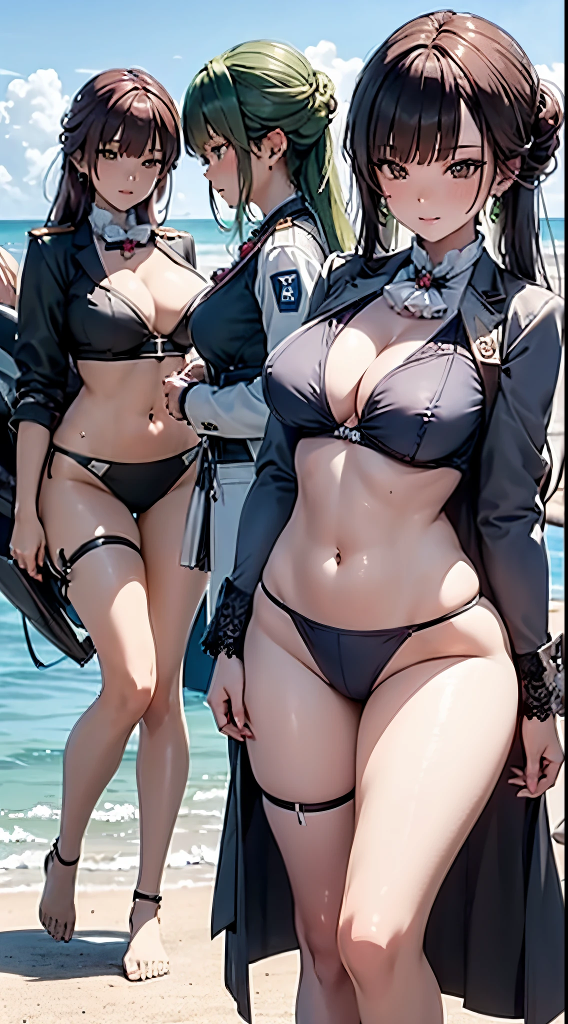 Three beauties in their 20s,(Enrich the picture,qualidade de obra-prima),Exquisite 8KCG artwork,goddess-like figure,Standing in the water at the beach,Postural exercises,thin and soft,Translucent skin,The skin is fair and juicy,Green Kimono Erotic Lace Uniform,Perspective Part 1.2x enhanced contouring effect,Delicate transparent blue pattern in pajamas,Intricate and refined details,The background is a bit blurry,Charming and sexy legs,drools,Huge breasts 1.5,face flushed,Perfect body slim curves,Beach grounds,The three goddesses stood together,Green hair,Close-up full body photo,