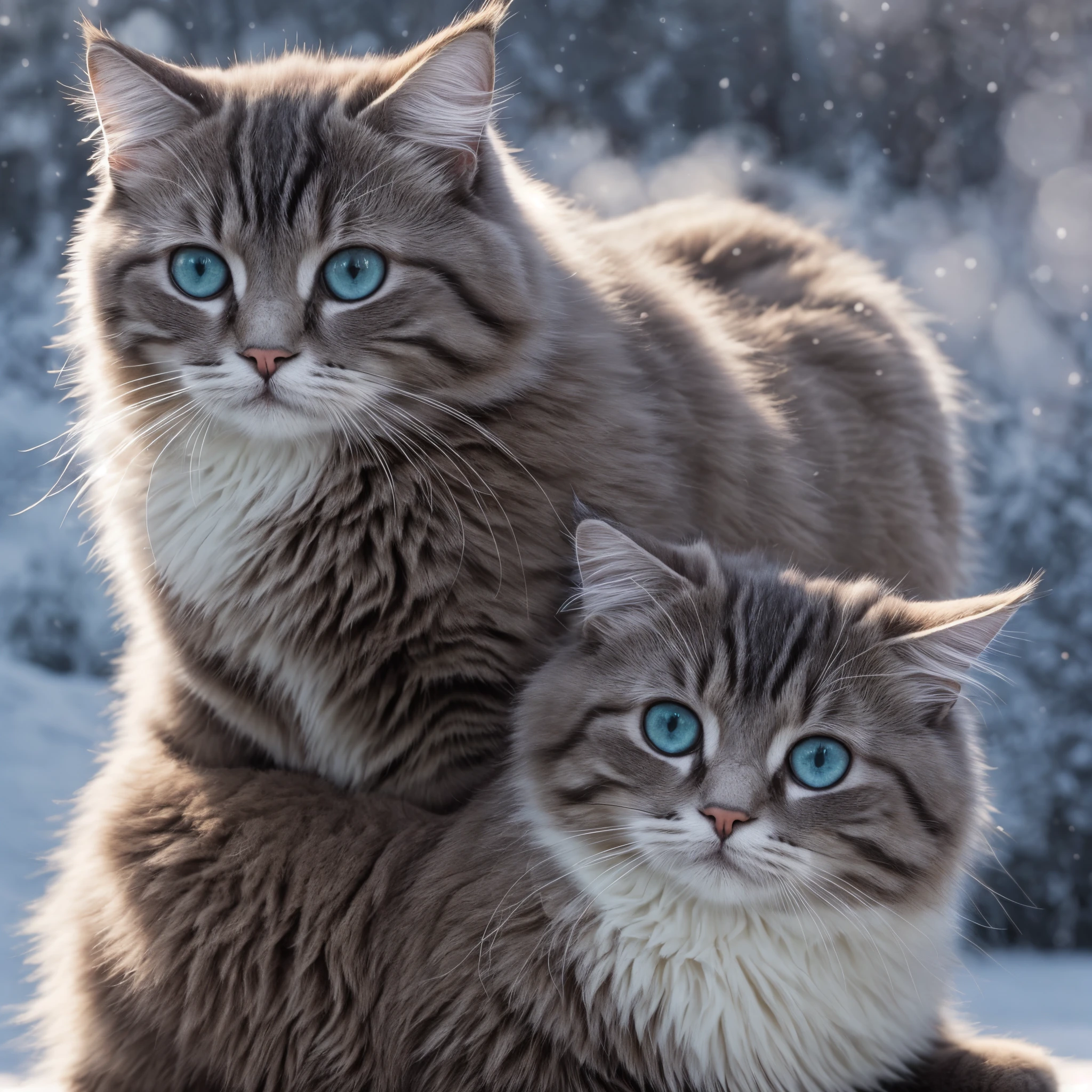 A sunny winter day. fluffy cat, Original style, cute and adorable, glowing smoky fantasy eyes, soft light, glistering, Professional photo, is beautiful, ......3d, Realistic, 8K, hight resolution, higly detailed, ...CGI, hyper realisitc, f/16, 1 /300 s, highly detailed digital painting, Noir
