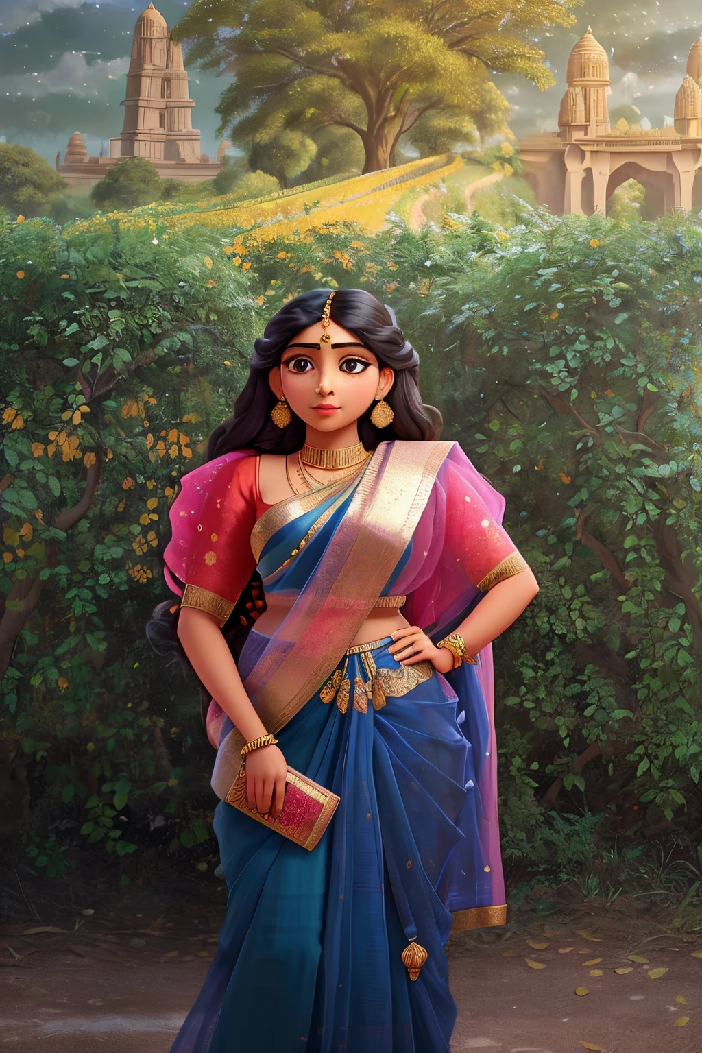 a professional majestic photo-realistic painting by ravi verma, intricate stunning highly detailed Indian woman, full body portrait, aesthetic, pastel colors, highly detailed symmetrical attractive face, large eyes, sharp focus, fine detail, autumn lights, next to khajuraho monuments in the background