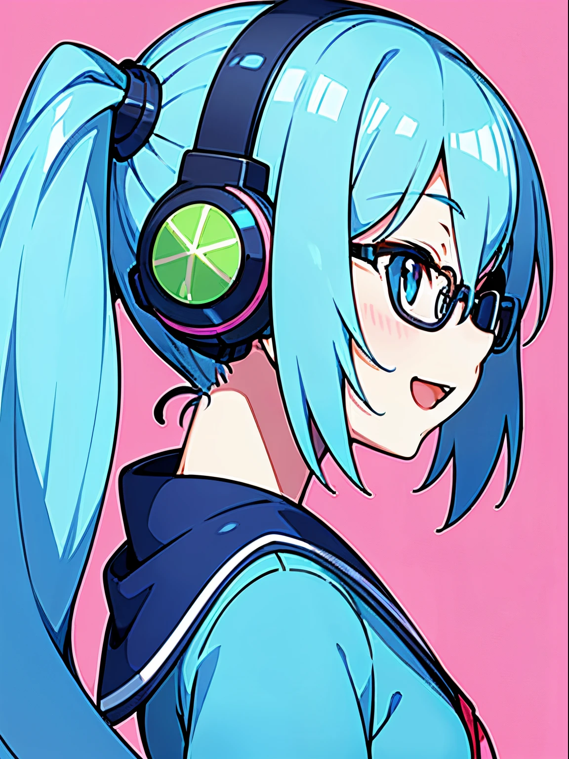 1beautiful girl、From Side、Turn your face to the side、The upper part of the body、profile、Smile with open mouth、(headphones)、Pop、Anime style、she is looking up diagonally、blue hairs、eye glasses、poneyTail、simple background、Bright pink background、