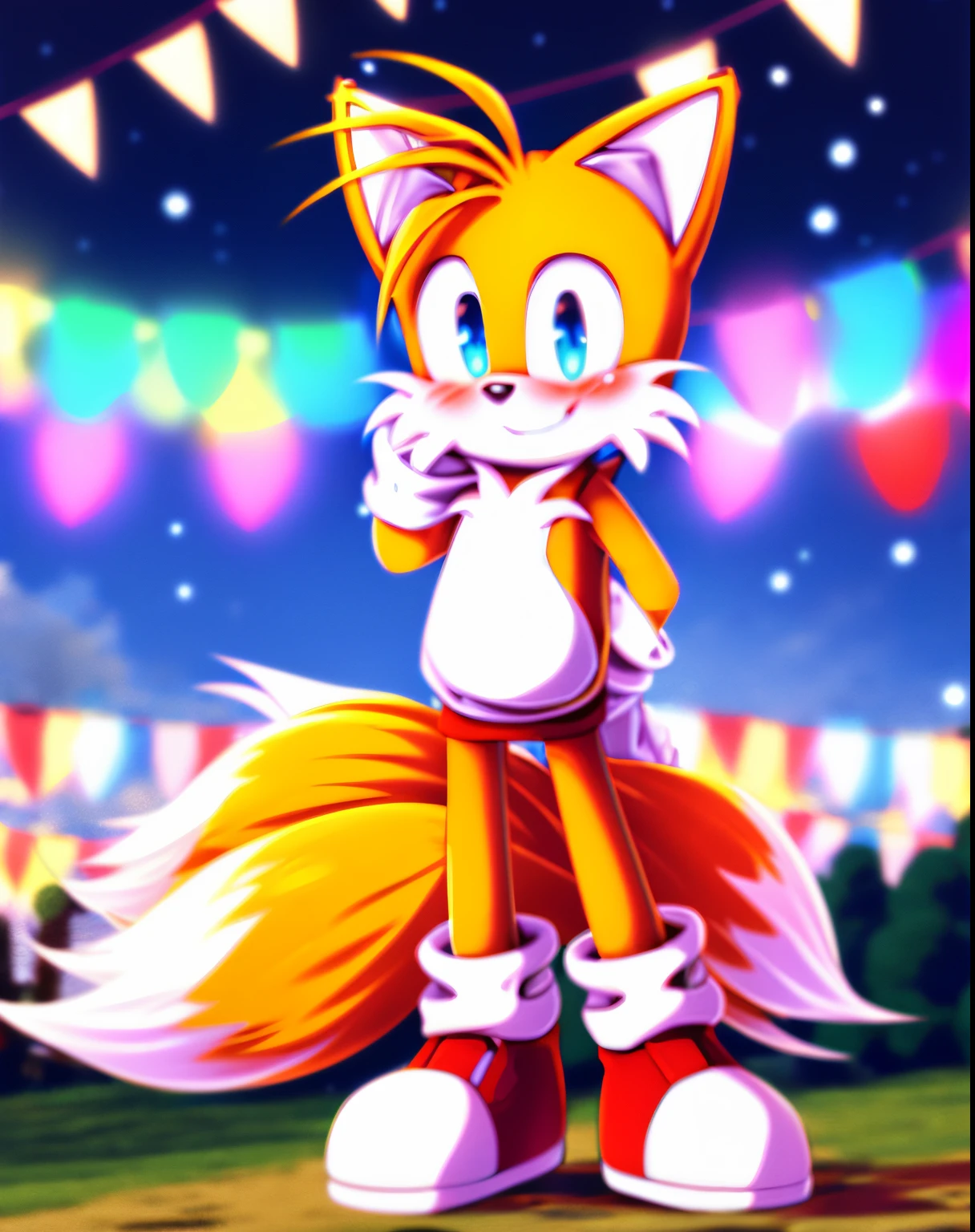 sfw, masterpiece, best quality, Tails the fox, 1boy, (male:1.1), solo, festival, night, bunting, outdoor, standing, (two tails, fox tails:1.3), white_red shoe, white gloves, blue eyes, (open eyes, blush, shy, smile:1.0), arm around back, amie, alternate costume,