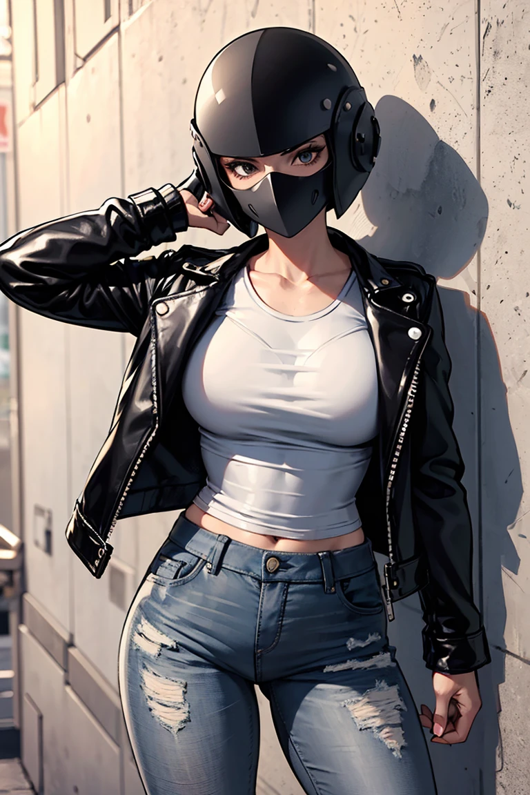 1woman, ((black biker helmet covering face)), plain black shirt, short white leather jacket, dark grey jeans, sexy pose, leaned against a wall, no skin visible