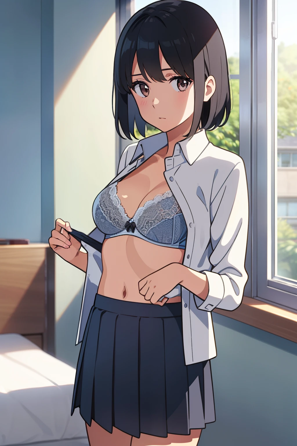 1girl, school uniform, long sleeved white shirt with a pocket, undressing, open shirt, unbuttoned shirt, white bra, medium breast, undressing, shirt tucked down, gray skirt, short hair, black hair, brown eyes, cowboyshot, solo, bedroom, looking at the viewer