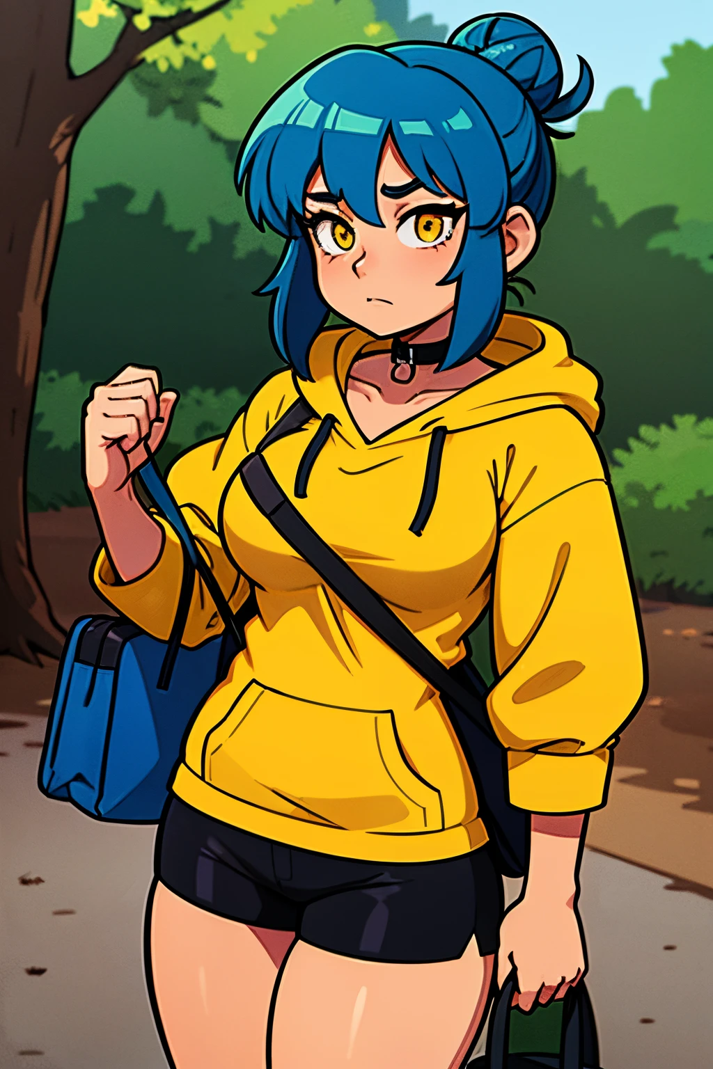 anime style, in forest, girl, medium blue hair, hair bun, tanned skin, yellow eyes, medium breasts, thick thighs, bag under eyes, tired, yellow t-shirt, oversized blue hoodie, black shorts, oversized black dog collar.