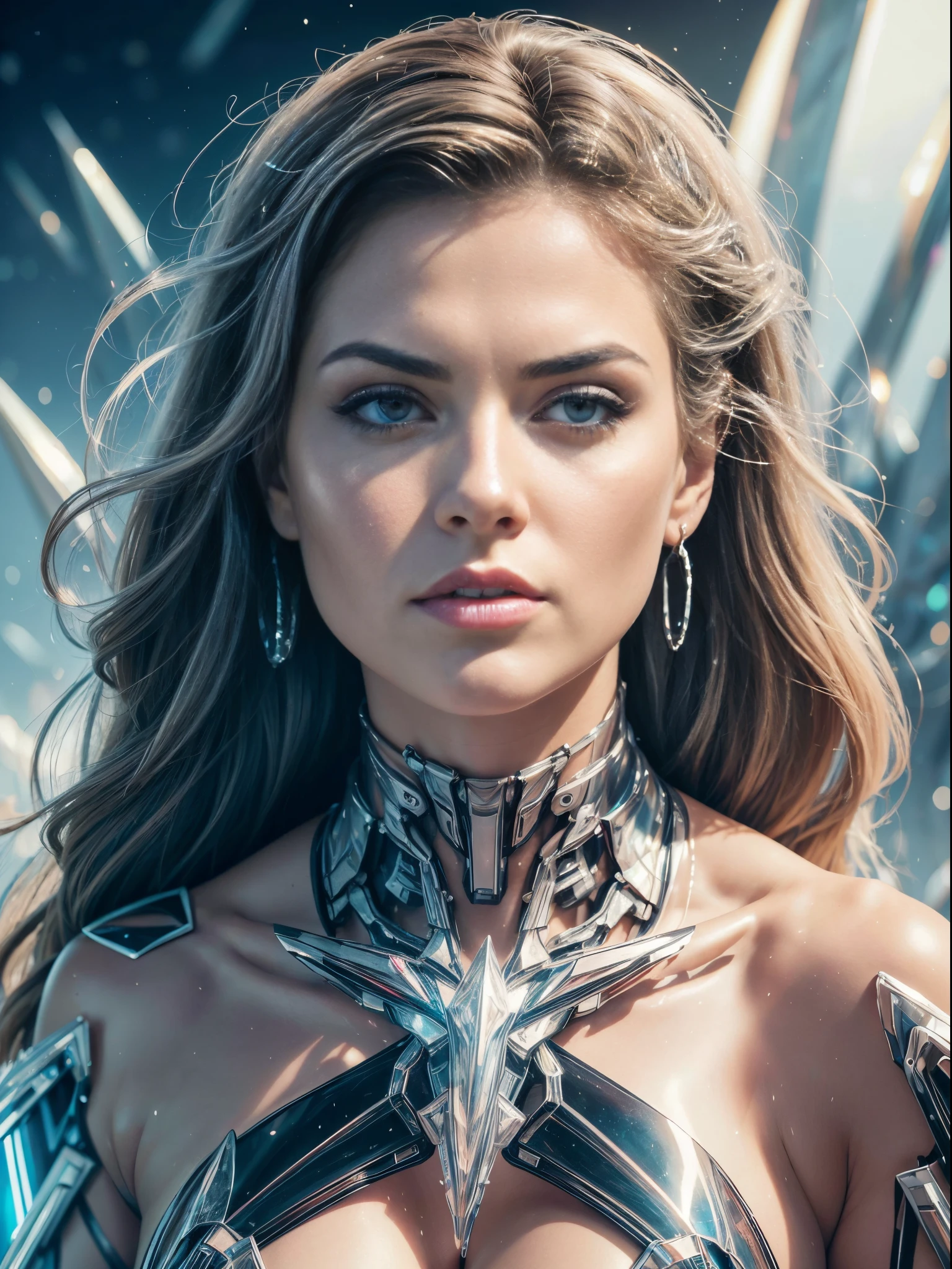 Alison Tyler in translucent ethereal mechanical form,parted lips, futurista,mechanical joints,fundo urbano futurista,estilo modelshoot, (extremamente detalhado CG unidade 8k papel de parede), Beleza estilizada abstrata,,translucent body parts, Surrealismo, 8k, Super Detalhe, melhor qualidade, Premiado, anatomicamente correto, 16k, Super Detalhe