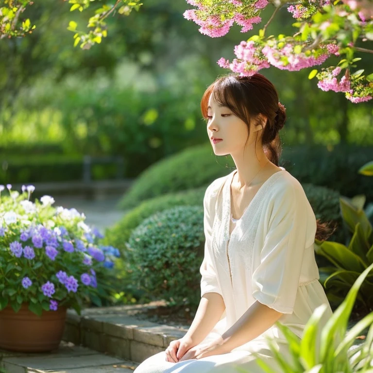 The main character is a beautiful woman。wide々and being in nature、sitting quietly。Bright sunlight shines down、The wind is blowing comfortably。The main character is enjoying his time with a calm expression。In the background, plants and flowers bloom abundantly.、The beauty of nature is felt。This scene is、face yourself、This is a scene that conveys the importance of calming the mind.。