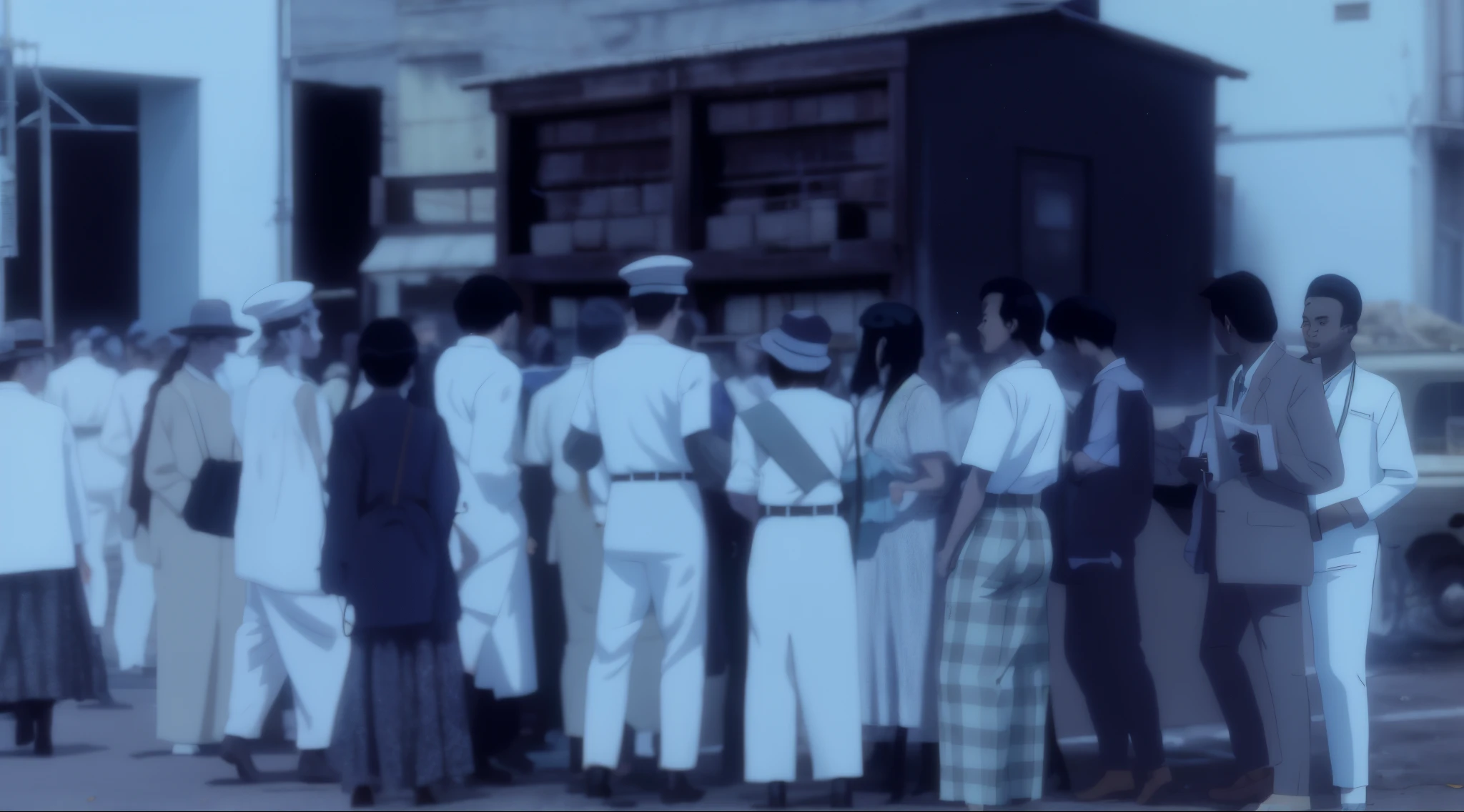 there are many people standing outside of a building with a small cart, historical image, scene from the film, historical picture, government archive photograph, opening scene, historical photo, still from film, unknown, government archive, still from the film, historical archive, an film still, film still, historical photograph, screenshot from a movie, museum archive, set photograph, anime, anime style,