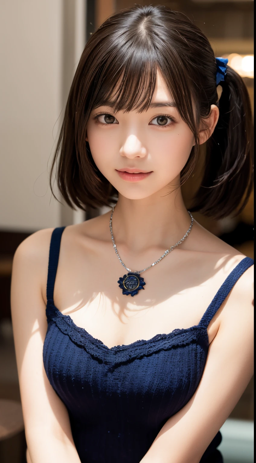 NFSW、masutepiece、masterpiece、1 girl in、(close up of face、cowboy shot)、Straight front view、japanes、very young cute woman、(The cutest girl in the world)、、Smaller face、large full breasts、Autumn knit jacket、Sheer inner、Chiffon skirt、Ultra-detailed costumes、Smiling in a café、Scrunchie、Thin necklace、Glamorous figure、hyper cute face、shiny lip、Double eyelids in both eyes、 natural make up、long eyeslashes、shiny smooth light brown hair、bangss、Short twin tail hair、asymmetrical bangs、image in center、8K分辨率、high détails、Detailed hairstyles、A detailed face、spectacular movie lighting、octane renderings、with a vibrant、Ultra-realistic、Perfect limbs、perfect anatomia