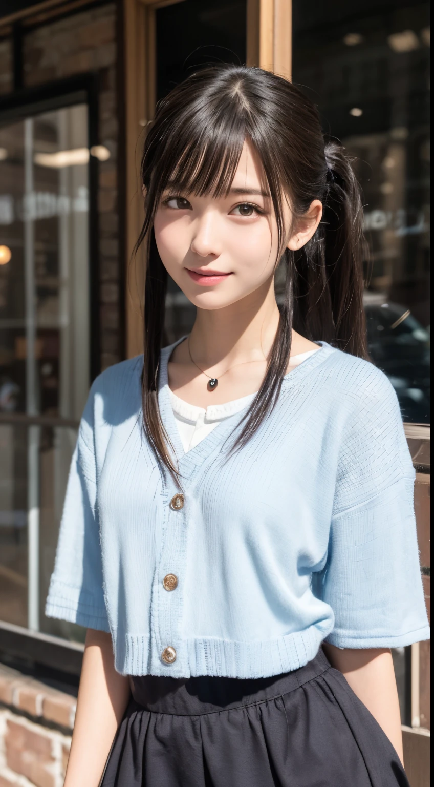 NFSW、masutepiece、​masterpiece、1 girl in、(close up of face、cowboy  shot)、Straight front view、japanes、very young cute woman、(The cutest girl in the world)、15yo student、Smaller face、large full breasts、Autumn knit jacket、Sheer inner、Chiffon skirt、Ultra-detailed costumes、Smiling in a café、Scrunchie、Thin necklace、Glamorous figure、hyper cute face、shiny lip、Double eyelids in both eyes、 natural make up、long eyeslashes、shiny smooth light brown hair、bangss、Short twin tail hair、asymmetrical bangs、image in center、8K分辨率、high détails、Detailed hairstyles、A detailed face、spectacular movie lighting、octane renderings、with a vibrant、Ultra-realistic、Perfect limbs、perfect anatomia