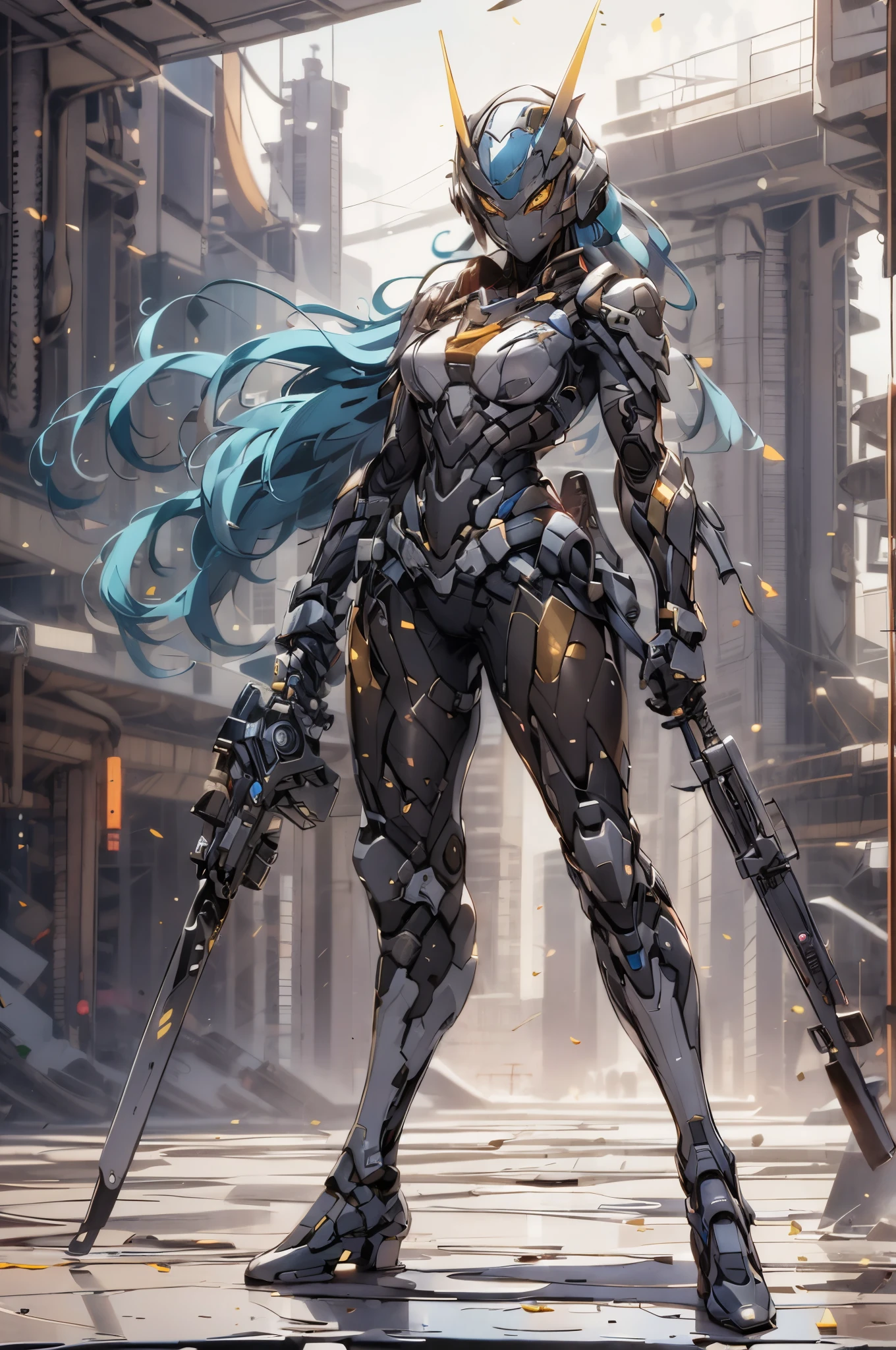 1female, blue hair, yellow eyes, wearing modern combat suit, beautiful, model, 4k, official art, highly detailed, master