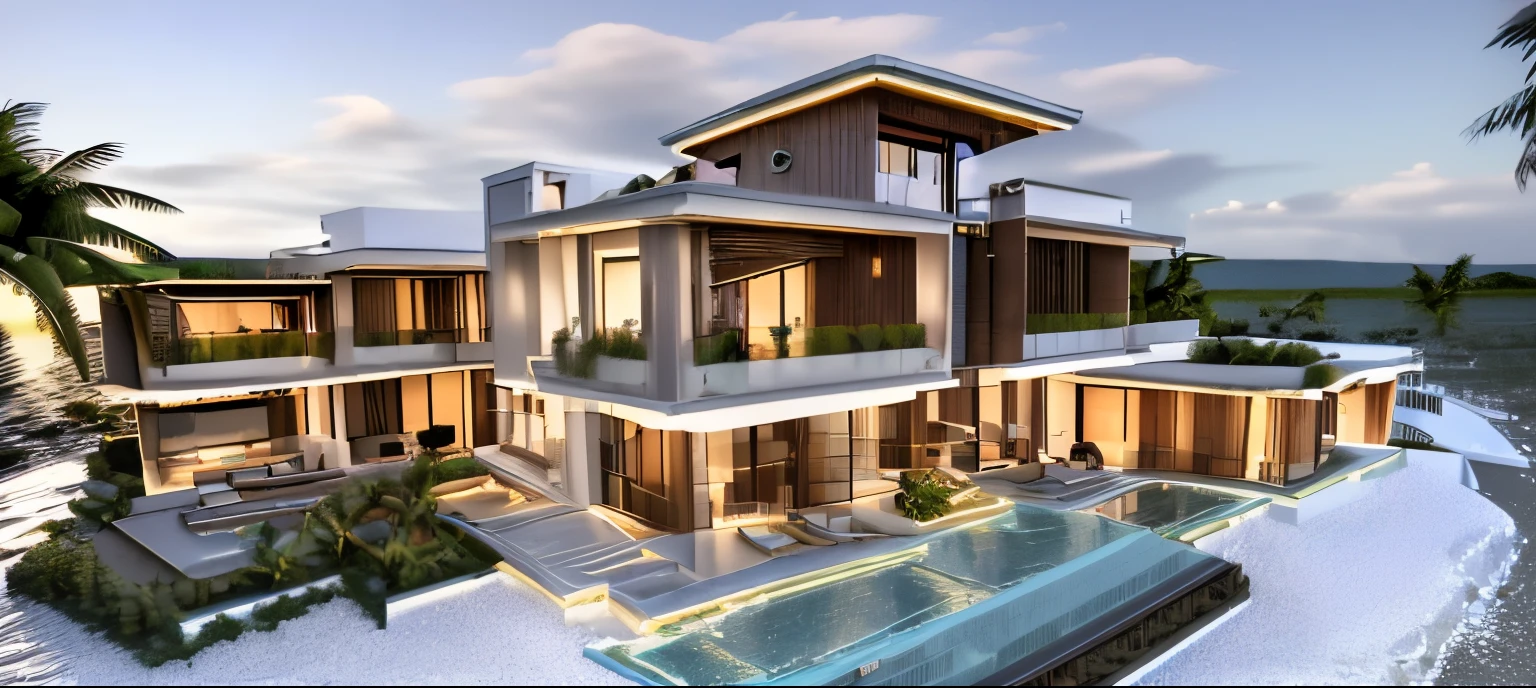 Boho house, luxury beach front Caribbean luxury villa, glass open space loft villa with roof garden, modern, dynamic (RAW photo, real, best quality, masterpiece:1.2), (hyper realistic, photo-realistic:1.2), high quality, (dark lighting:1.2), perfect lighting, archdaily, architecture digest award wining sustainable architecture, cinematic