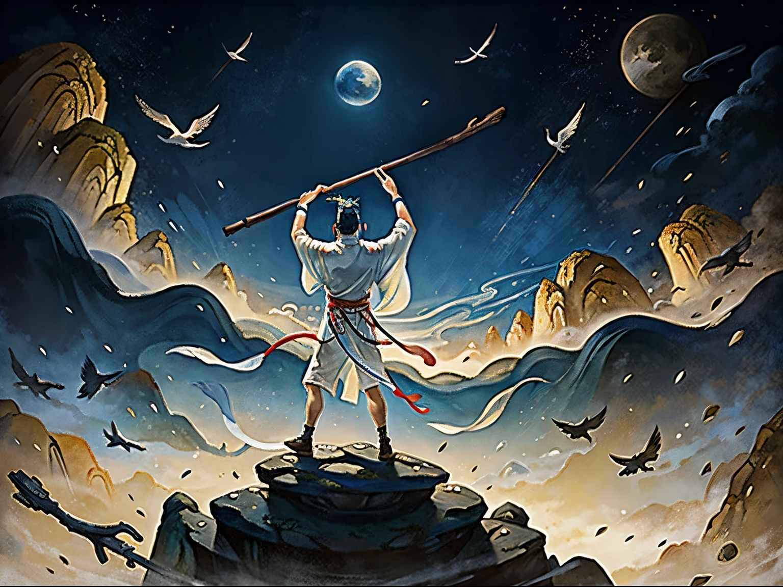 Ancient Boys,Standing between heaven and earth,Raise your fingers to the sky,Long stick in hand,Chinese Ancient Times,Classical ink painting