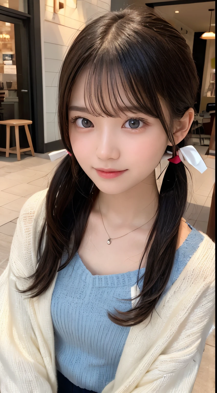 NFSW、masutepiece、​masterpiece、1 girl in、(close up of face、cowboy  shot)、Straight front view、japanes、very young cute woman、(The cutest girl in the world)、15yo student、Smaller face、large full breasts、Autumn knit jacket、Sheer inner、Chiffon skirt、Ultra-detailed costumes、Smiling in a café、Scrunchie、Thin necklace、Glamorous figure、hyper cute face、shiny lip、Double eyelids in both eyes、 natural make up、long eyeslashes、shiny smooth light brown hair、bangss、Short twin tail hair、asymmetrical bangs、image in center、8K分辨率、high détails、Detailed hairstyles、A detailed face、spectacular movie lighting、octane renderings、with a vibrant、Ultra-realistic、Perfect limbs、perfect anatomia
