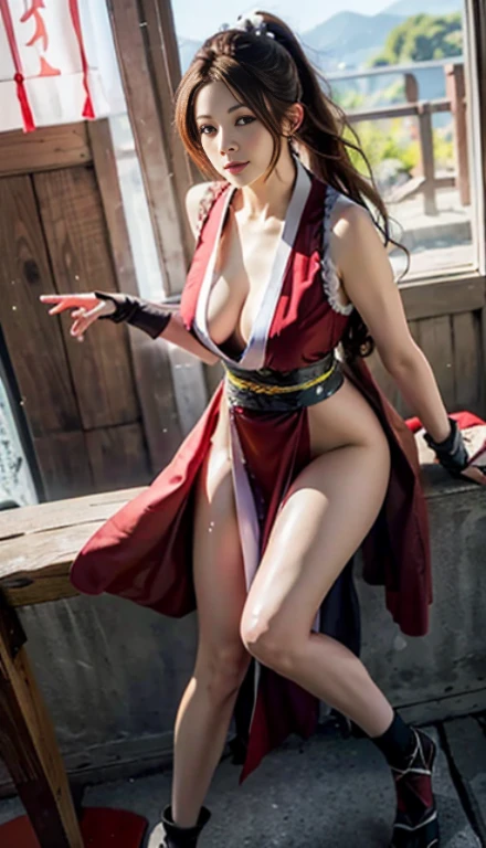 mai shiranui, Brown eyes, Full body portrait, Standing, Full body, Prestige, Long hair, Brown hair, White ribbon, Sleeveless, poneyTail, sash, pelvis curtain, arm guards, mitts, tabi, fascinated expression, Sexy eyes, medium breasts, Smile, Cute, view the viewer, Long hair, Close to Japan temple, (breasts focus:1.2), (Realistic:1.2), (Full Shot: 1.2), (Realism), (masutepiece:1.2), (Best Quality), (ultra-detailliert), (8K, 4K, Convoluted), (85 mm), light Particle, Lighting, (Highly detailed:1.2), (Detailed face:1.2), (gradients), SFV, Colorful, (Detailed eyes:1.2), (Detailed temples of Japan: 1.2),(Detailed background), (Dynamic Angle:1.2), (Dynamic Pose:1.2), (Line of action:1.2), Wide Shot, Daylight, Solo.