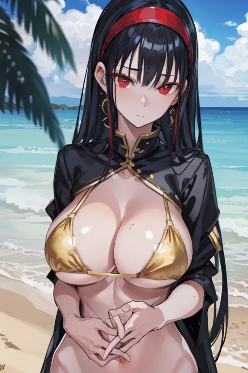 yorbriar, yor briar, black hair, (red eyes:1.5), earrings, gold hairband, hairband, long hair, sidelocks,underboob,pointy breasts,huge breasts,
BREAK bikini,
BREAK outdoors, beach,
BREAK looking at viewer, 
BREAK (masterpiece:1.2), best quality, high resolution, unity 8k wallpaper, (illustration:0.8), (beautiful detailed eyes:1.6), extremely detailed face, perfect lighting, extremely detailed CG, (perfect hands, perfect anatomy),