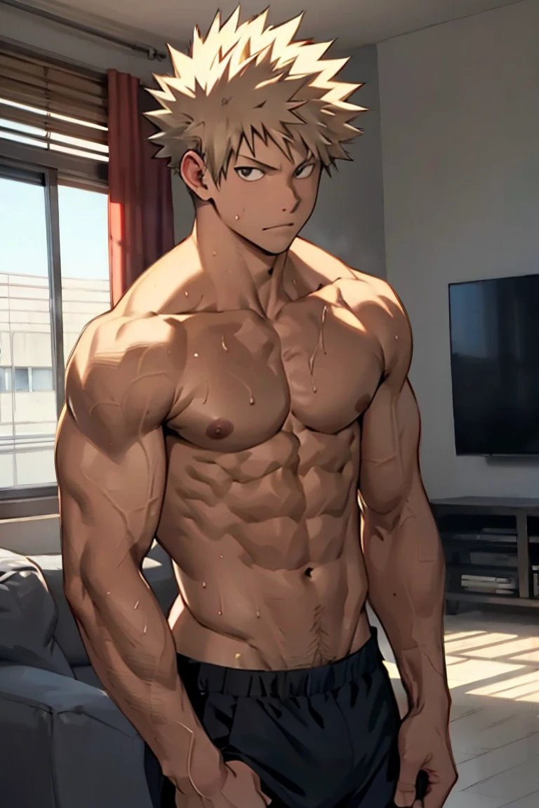 Bakugou Katsuki standing naked sweating heavily in a living room, V-cut abs and body Looking at the viewer softly. completely naked