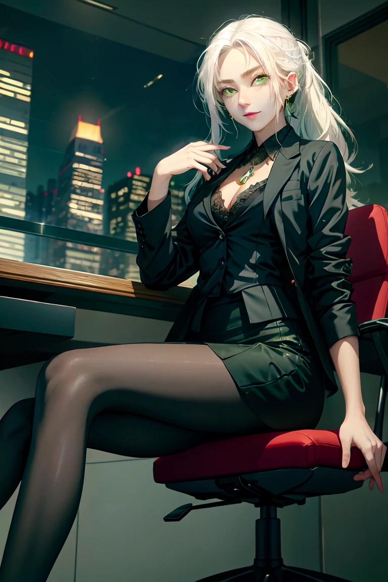 (masterpiece:1.3), (8k, photorealistic, RAW photo, best quality: 1.4), (1girl), beautiful face, (realistic face), Nice hairstyle,Realistic Eyes,Nice detail eyes,(Realistic Skin),Beautiful Skin,Ridiculous,attractive,Ultra high Resolution,an ultra realistic,RAWExtremely detailed,golden proportions,全身写真, Woman wearing business outfit, formal blazer, white blouse, high waist business skirt, beautiful, masterpiece, best quality, perfect lighting, (white hair:1.4), long hair, (grey eyes:1.2), slender build, thin, medium breasts, business woman, ceo, sitting in luxurious black office chair, giant modern window with view of nighttime cyberpunk city skyline in background, close up, night, (cyberpunk city background:1.2)