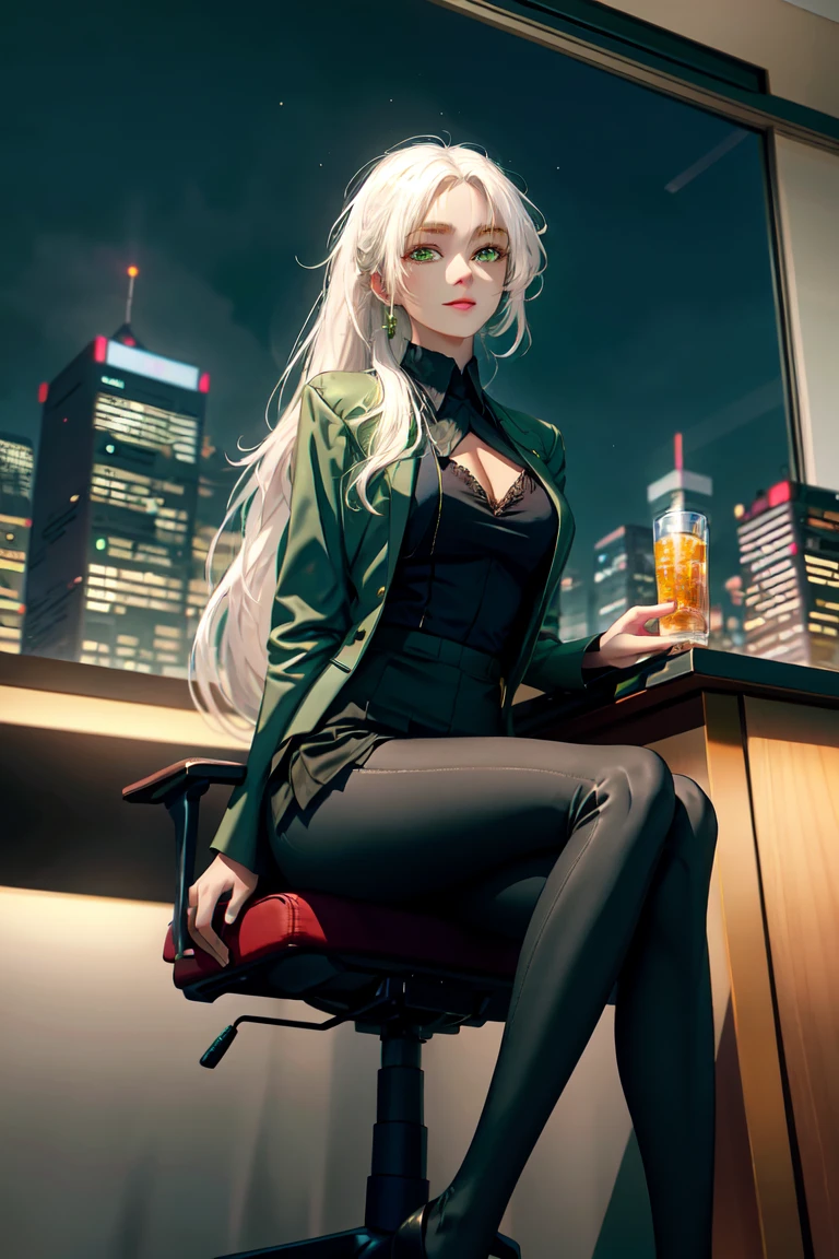 Woman wearing business outfit, formal blazer, green blouse, heels, black high waist business skirt, black sheer leggings, beautiful, masterpiece, best quality, extremely detailed face, perfect lighting, nice hands, perfect hands, (white hair:1.2), long hair, (green eyes:1.2), slender build, long legs, thin, medium breasts, business woman, ceo, sitting in luxurious black leather office chair, glass wall with view of nighttime city skyline in background, ((dark skin)), smirk, sleek ponytail, sexy, sexy woman, office woman, boss woman, large eyes, from below