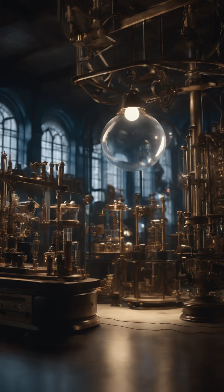 The glass tube of time machine, placed in the center, should be the focal point, emitting a soft blue light. The cluttered and chaotic nature of the lab should reflect the brilliance and genius of Scientist Li. Show a mechanical laboratory, filled with futuristic gadgets and machinery. The room should be dimly lit, with a sense of mystery and curiosity. ] unreal engine, hyper real --q 2 --v 5.2 --ar 16:9 hyper real --q 2 --v 5.2 --ar 16:9
