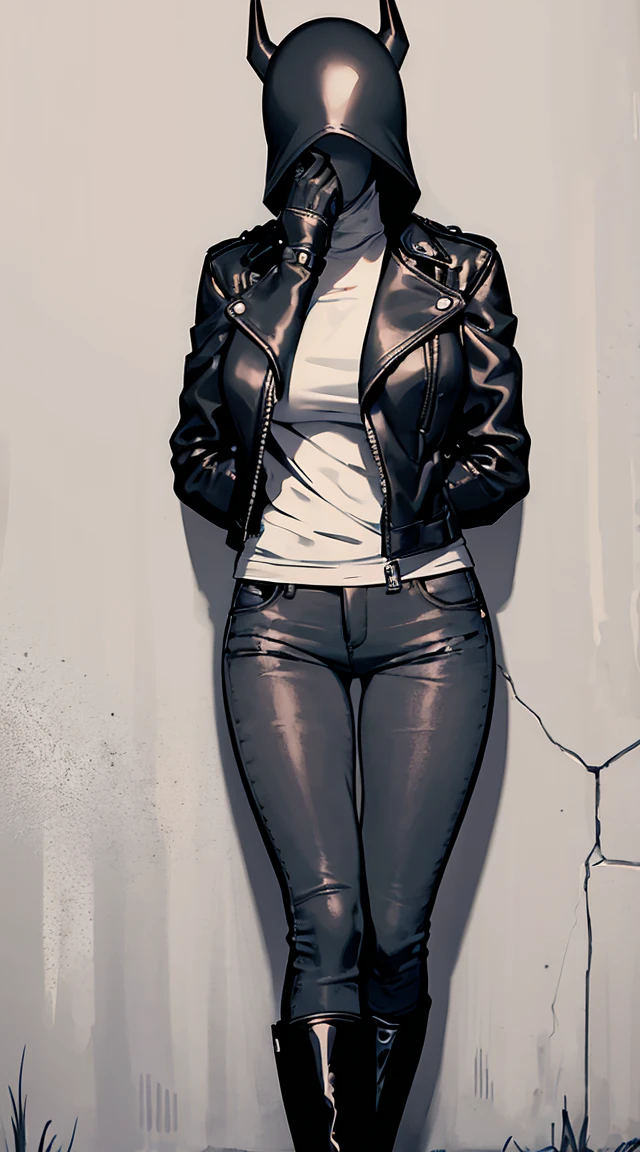 1woman, tall, ((black biker helmet covering face)), horns, plain black shirt, short white leather jacket, dark grey jeans, boots, sexy pose, leaned against a wall, no skin visible