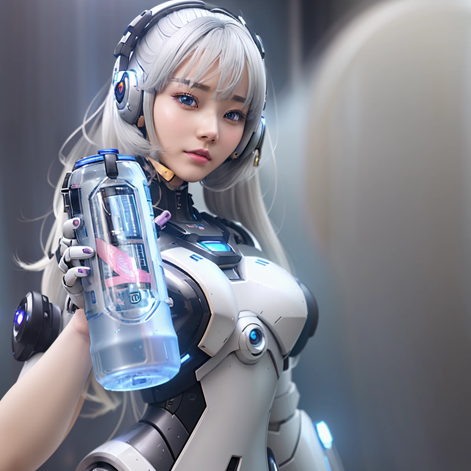 There is a woman in a futuristic suit holding a water bottle, Cute robot girl, Robot-silver-haired girl, perfect android girl, Beautiful robot girl, robot-girl, Perfect anime robot woman, Beautiful white girl robot, Popular topics on cgstation, a scene from《overwatch》echo, digital cyberpunk anime art, beautiful android woman, robot-girl, anime robots