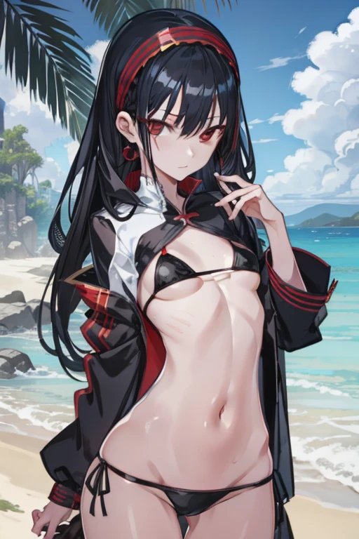 yorbriar, yor briar, black hair, (red eyes:1.5), earrings, gold hairband, hairband, long hair, sidelocks,underboob,pointy breasts,small breasts,
BREAK bikini,
BREAK outdoors, beach,
BREAK looking at viewer, 
BREAK (masterpiece:1.2), best quality, high resolution, unity 8k wallpaper, (illustration:0.8), (beautiful detailed eyes:1.6), extremely detailed face, perfect lighting, extremely detailed CG, (perfect hands, perfect anatomy),