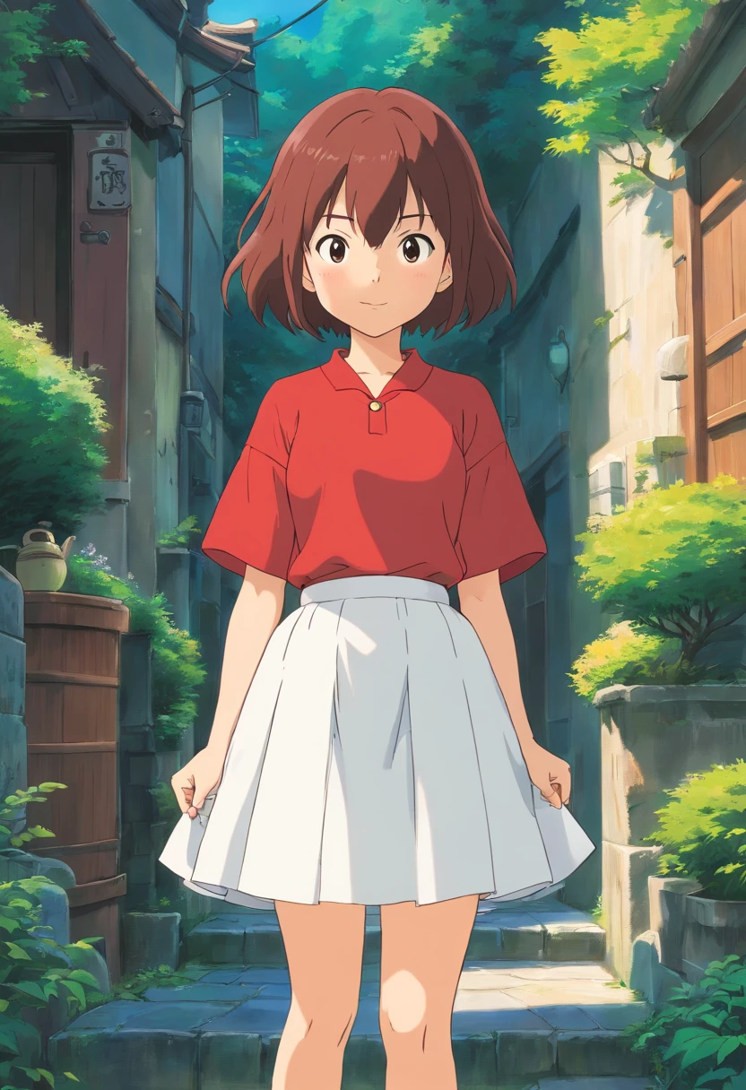 Anime character wearing red shirt and white skirt standing in front of white background, Ghibli animation style, style in ghibli anime, studio ghibli and shinkai makoto, chihiro! fujisaki, heroines 👀 :8, Studio Ghibli anime screenshots, heroines, Iwakura Company, From Studio Ghibli movies, in the studio ghibli anime film