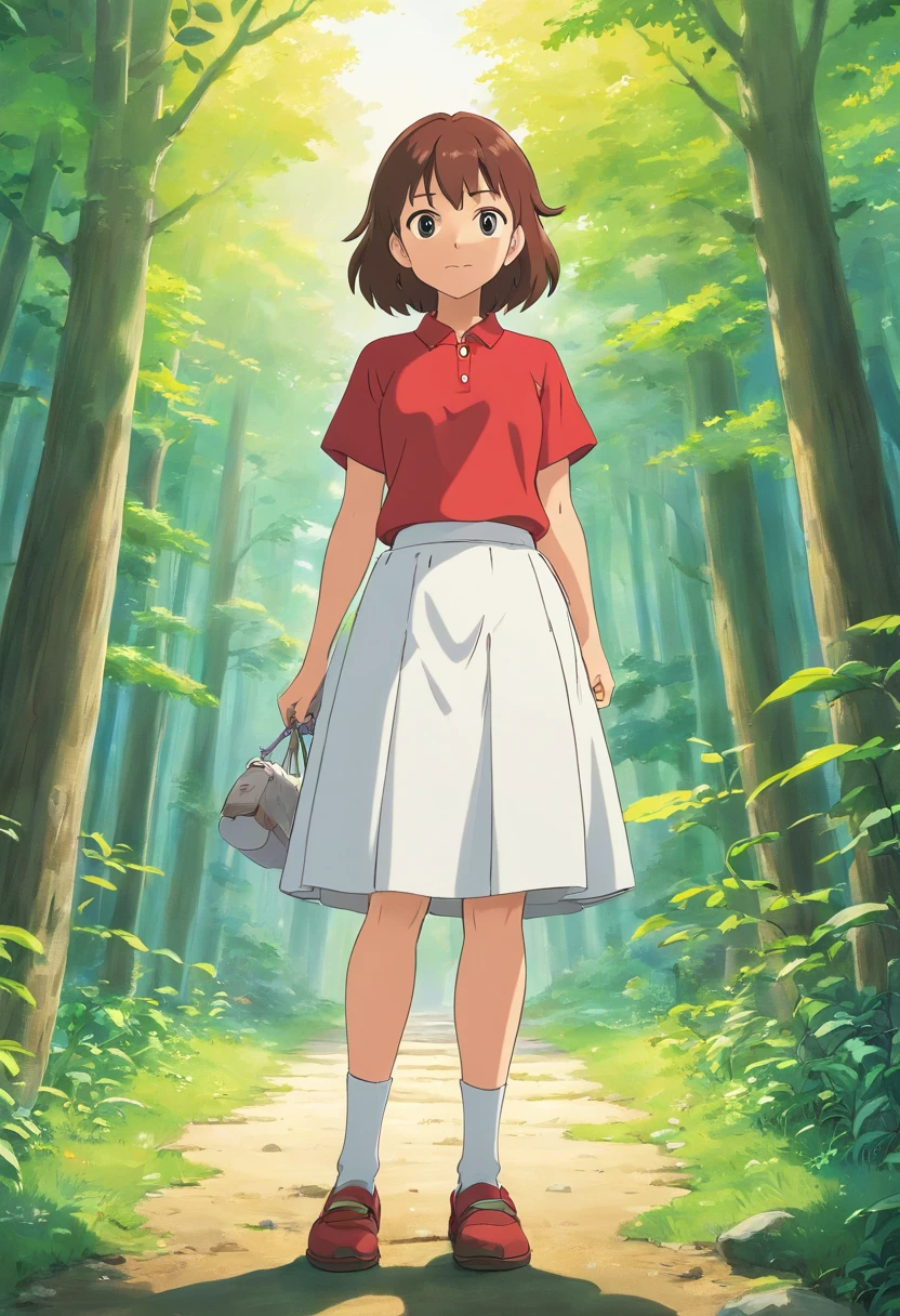 Anime character wearing red shirt and white skirt standing in front of white background, Ghibli animation style, style in ghibli anime, studio ghibli and shinkai makoto, chihiro! fujisaki, heroines 👀 :8, Studio Ghibli anime screenshots, heroines, Iwakura Company, From Studio Ghibli movies, in the studio ghibli anime film