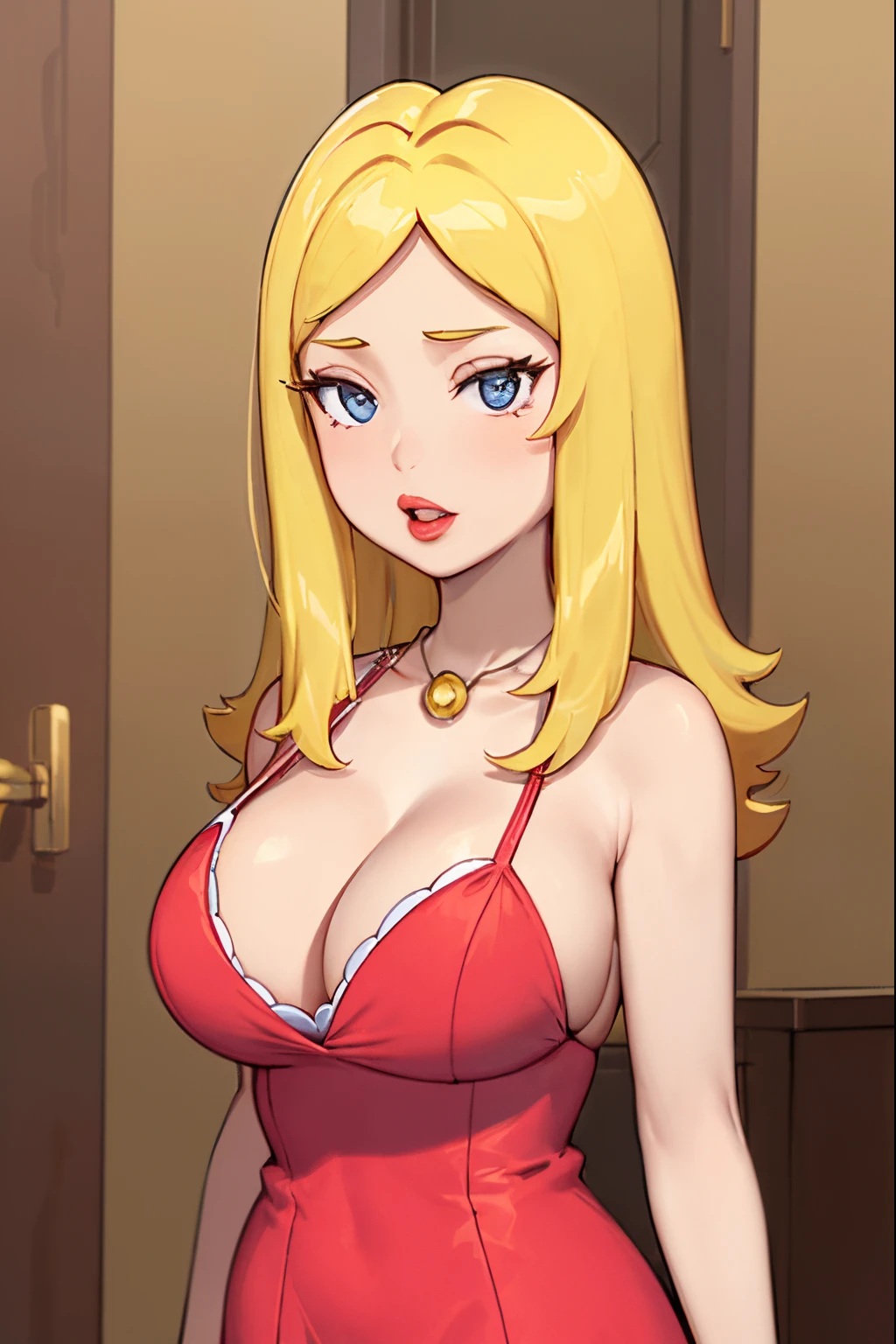 ((masterpiece, best quality)),(complex light), upperbody, solo, francine, necklace , lipstick, dress, blonde hair,detailed, anime screencap, cleavage, busty,