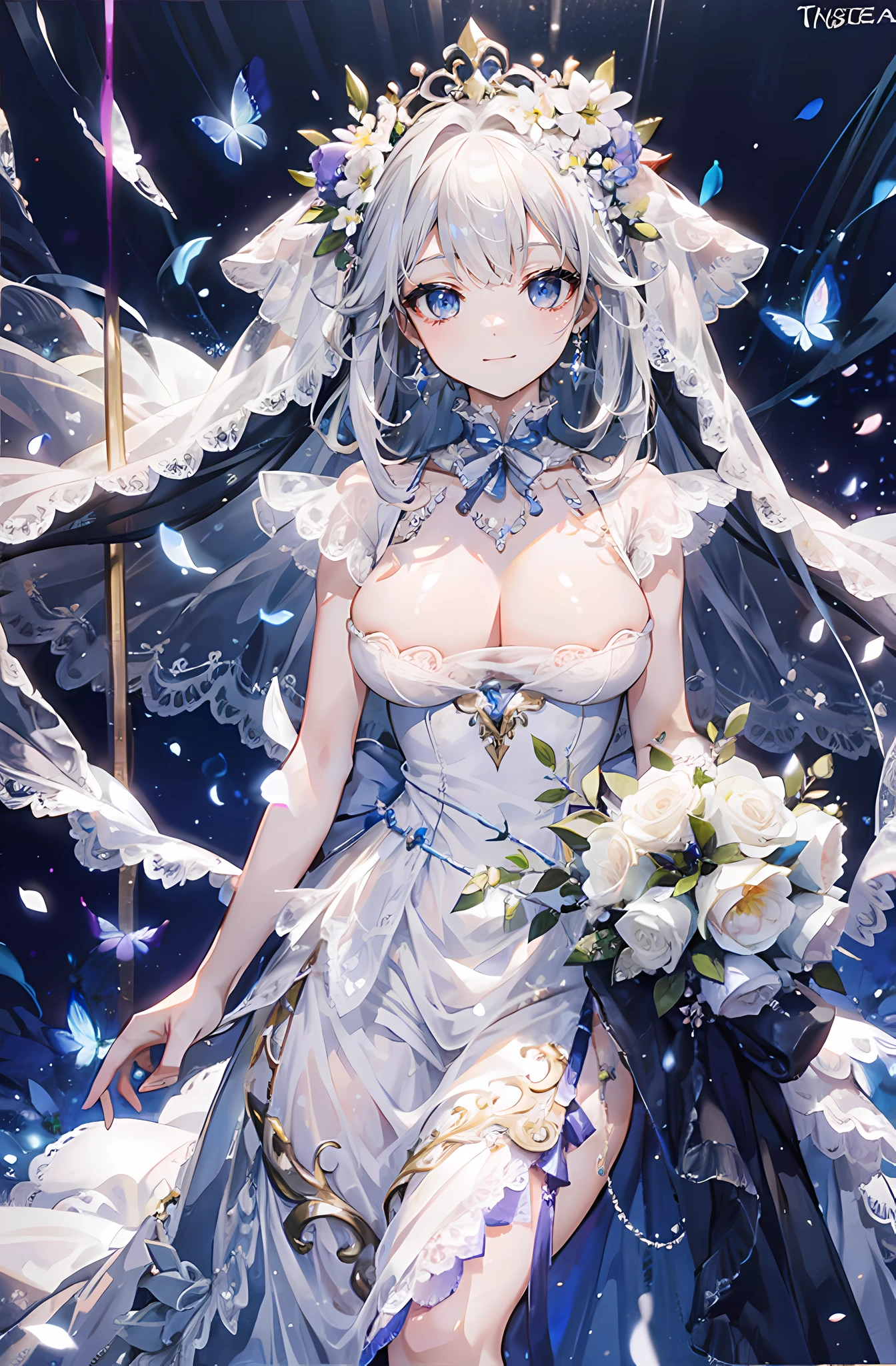 Happy smile,Gentle eyes,Exquisite and seductive,((Best quality at best)), ((tmasterpiece)) wedding princess dress, llight rays, lens flare glow, White petals, long hair cat, exotic,Wedding flowers,Sense of lens,face to the viewer,(flower wedding dress),Colossal tits,White flowers,The eyes are bright,White hair,Colossal tits