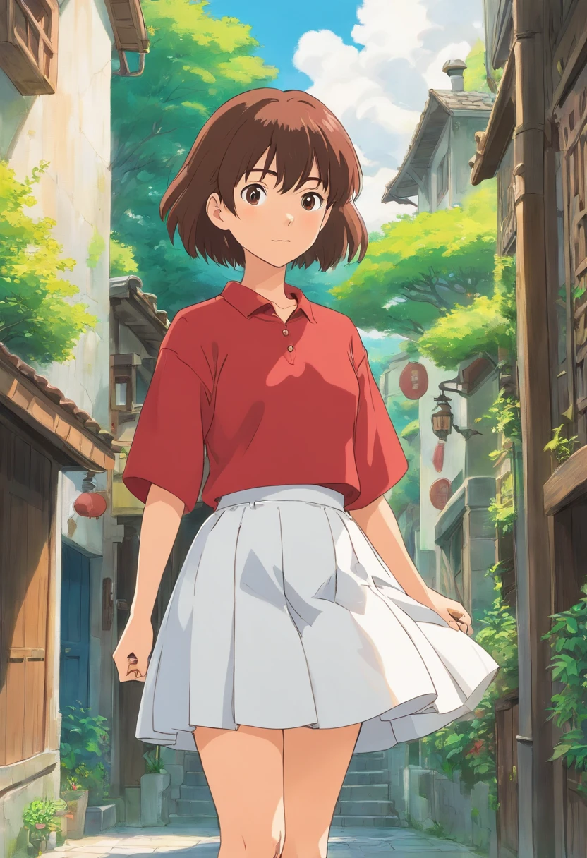 Anime character wearing red shirt and white skirt standing in front of white background, Ghibli animation style, style in ghibli anime, studio ghibli and shinkai makoto, chihiro! fujisaki, heroines 👀 :8, Studio Ghibli anime screenshots, heroines, Iwakura Company, From Studio Ghibli movies, in the studio ghibli anime film，The background is white，solidcolor