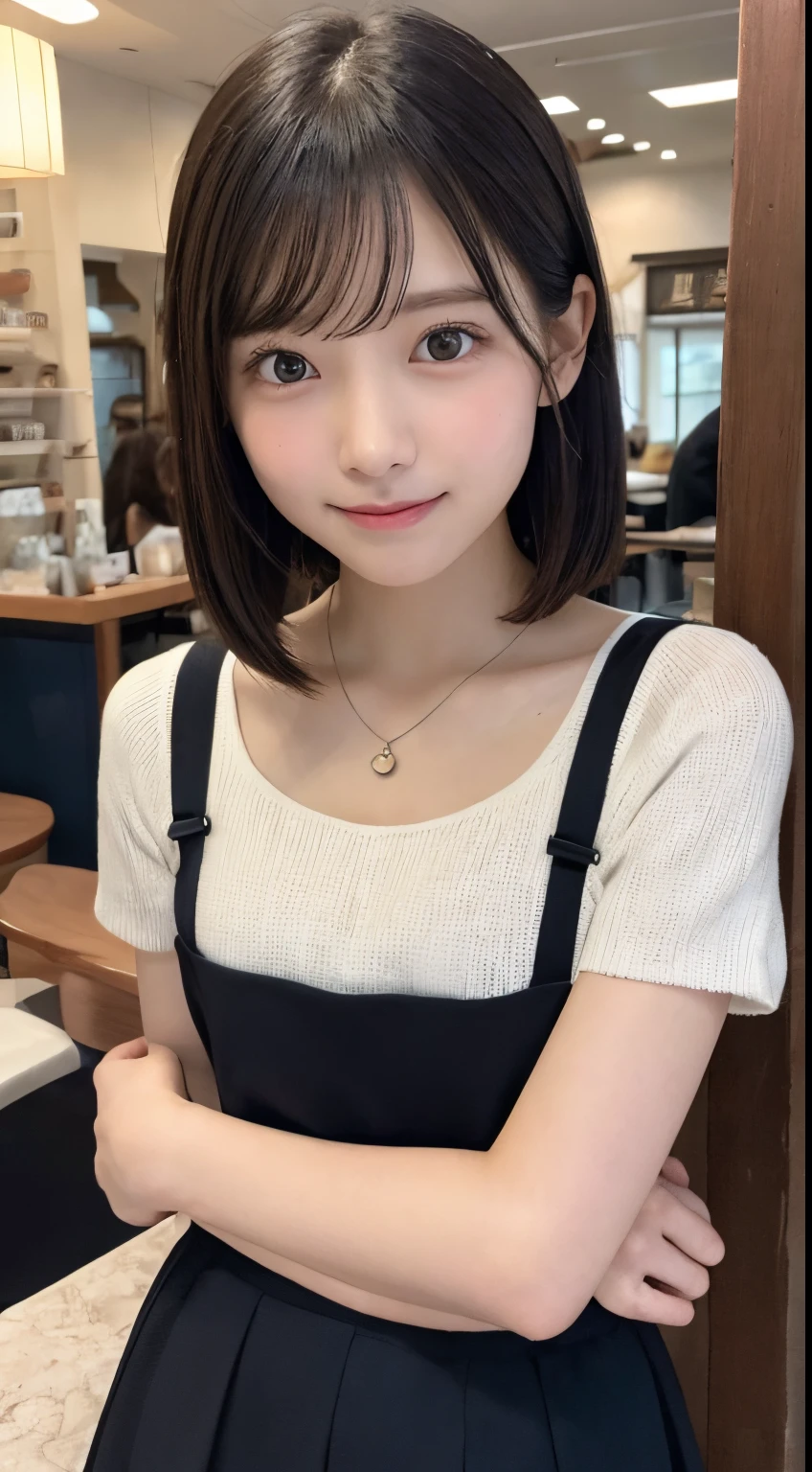 NFSW、masutepiece、masterpiece、1 girl in、(close up of face、cowboy shot)、Straight front view、japanes、very young cute woman、(The cutest girl in the world)、12year old、Smaller face、large full breasts、Autumn knit jacket、Sheer inner、Chiffon skirt、Ultra-detailed costumes、Smiling in a café、Scrunchie、Thin necklace、Glamorous figure、hyper cute face、shiny lip、Double eyelids in both eyes、 natural make up、long eyeslashes、shiny smooth light brown hair、bangss、Short twin tail hair、asymmetrical bangs、image in center、8K分辨率、high détails、Detailed hairstyles、A detailed face、spectacular movie lighting、octane renderings、with a vibrant、Ultra-realistic、Perfect limbs、perfect anatomia