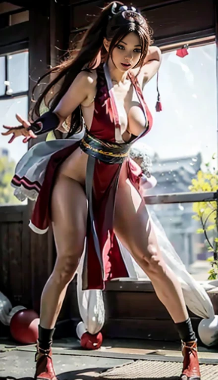 mai shiranui, Brown eyes, (Full body portrait:1.4),  (Standing), Full body, Prestige, Long hair, Brown hair, White ribbon, Sleeveless, poneyTail, sash, pelvis curtain, arm guards, mitts, (tabi:1.3), fascinated expression, Sexy eyes, medium breasts, Smile, Cute, view the viewer, Long hair, Close to Japan temple, (breasts focus:1.2), (Realistic:1.2), (Full Shot: 1.2), (Realism), (masutepiece:1.2), (Best Quality), (ultra-detailliert), (8K, 4K, Convoluted), (85 mm), light Particle, Lighting, (Highly detailed:1.2), (Detailed face:1.2), (gradients), SFV, Colorful, (Detailed eyes:1.2), (Detailed temples of Japan: 1.2),(Detailed background), (Dynamic Angle:1.2), (Dynamic Pose:1.2), (Line of action:1.2), Wide Shot, Daylight, Solo.
