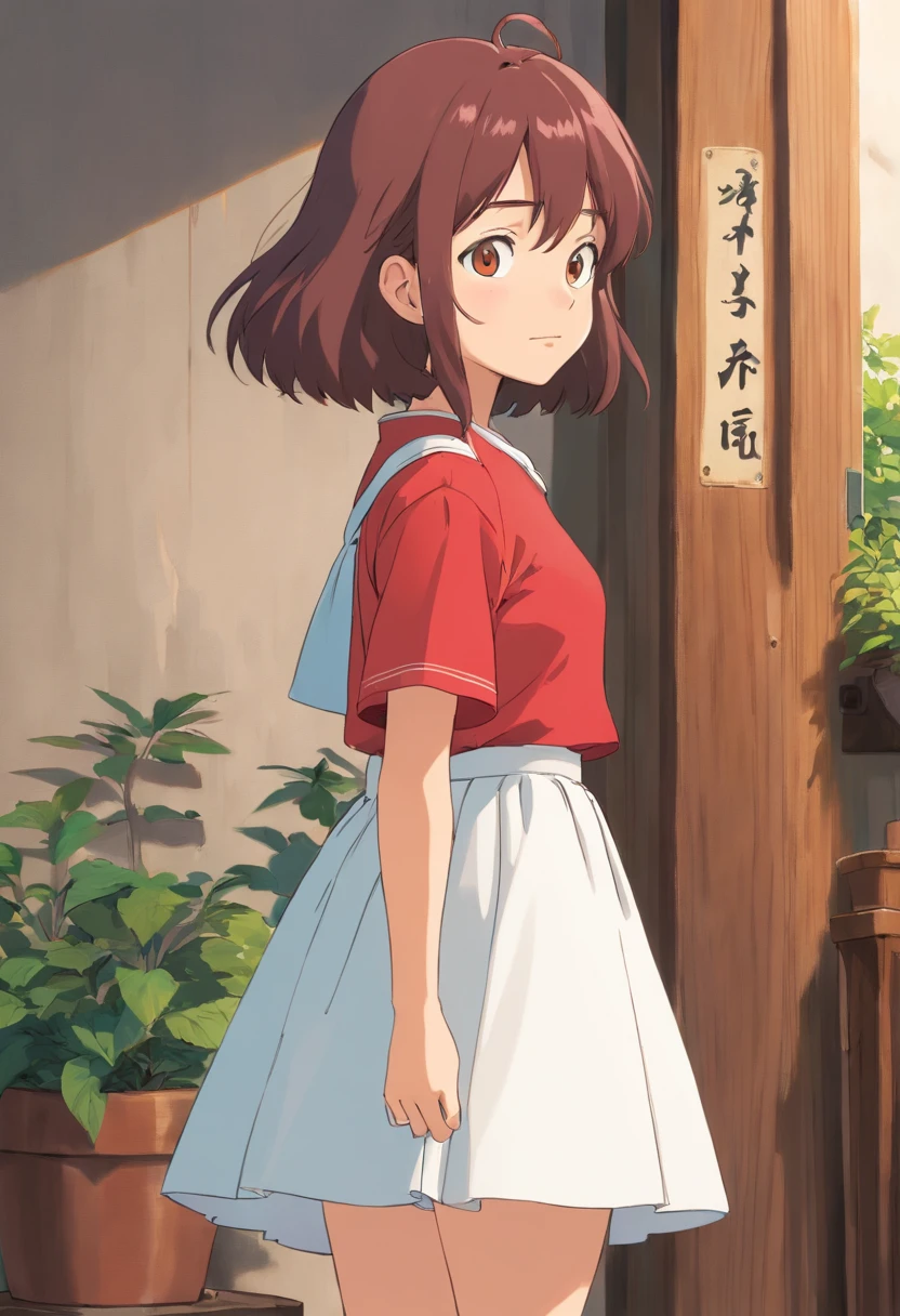 Anime character wearing red shirt and white skirt standing in front of white background, Ghibli animation style, style in ghibli anime, studio ghibli and shinkai makoto, chihiro! fujisaki, heroines 👀 :8, Studio Ghibli anime screenshots, heroines, Iwakura Company, From Studio Ghibli movies, in the studio ghibli anime film,Lateral face,on back,