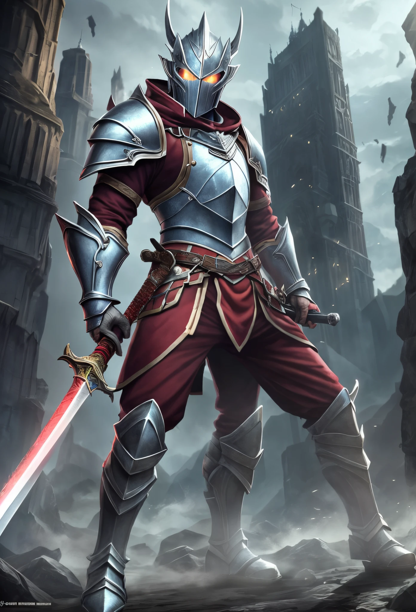 anthropomorphic dragon, blue eyes, dragon face, heavy armor, red pants, silver greaves, holding a heavy long sword, RPG game environment, best quality, ultra-detailed, vivid colors, realistic, high resolution, professional, knight, dragon detailed face, heavy armor, strong and confident posture, (red pants), silver greaves, (holding a long heavy sword), RPG game environment, sword art online style, immersive lighting, sharp focus --auto --s2