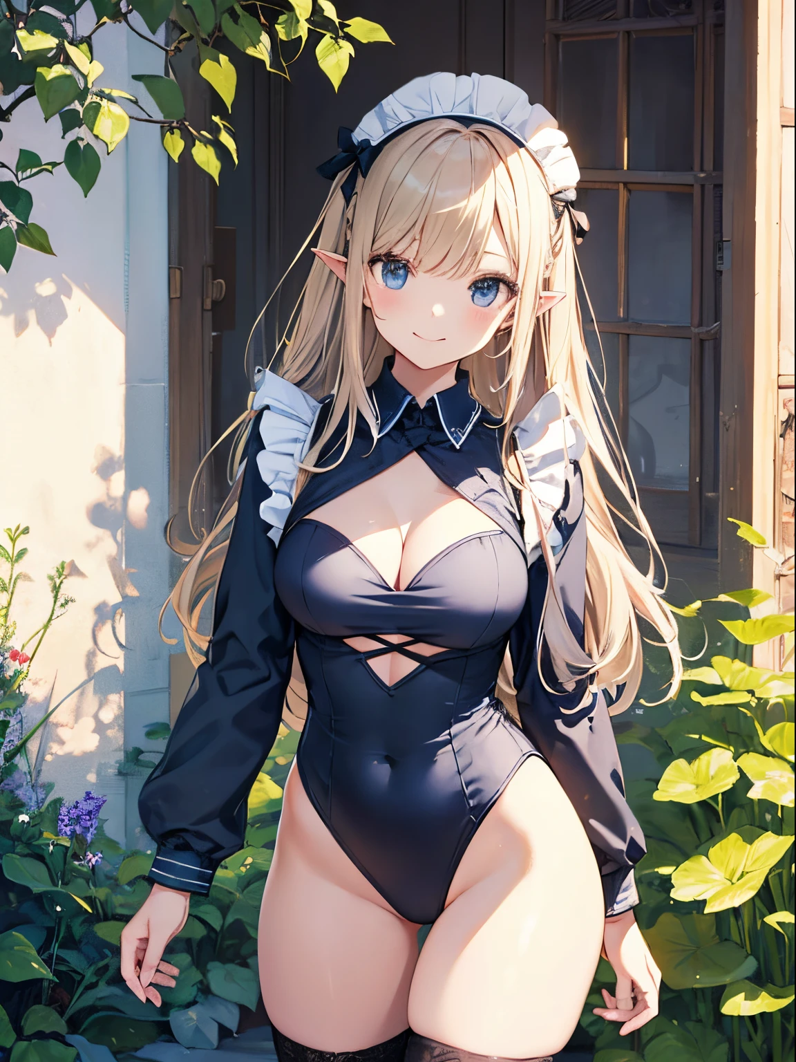 Beautiful illustration、top-quality、cute it girl、(transform sequence)、((blue maid style leotard))、10y old、elementr beautiful girl、Fractal Art、baby-face、((stright long ))、beul detailed eyes、A smile、Full Body Display、Western-style garden、(1 persons)、long-sleeve、landscaped gardens、(knee high socks)、is standing、(highleg)、fin ears、