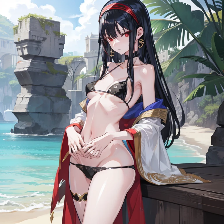 yorbriar, yor briar, black hair, (red eyes:1.5), earrings, gold hairband, hairband, long hair, sidelocks,underboob,pointy breasts,small breasts,
BREAK bikini,
BREAK outdoors, beach,
BREAK looking at viewer,
BREAK (masterpiece:1.2), best quality, high resolution, unity 8k wallpaper, (illustration:0.8), (beautiful detailed eyes:1.6), extremely detailed face, perfect lighting, extremely detailed CG, (perfect hands, perfect anatomy),