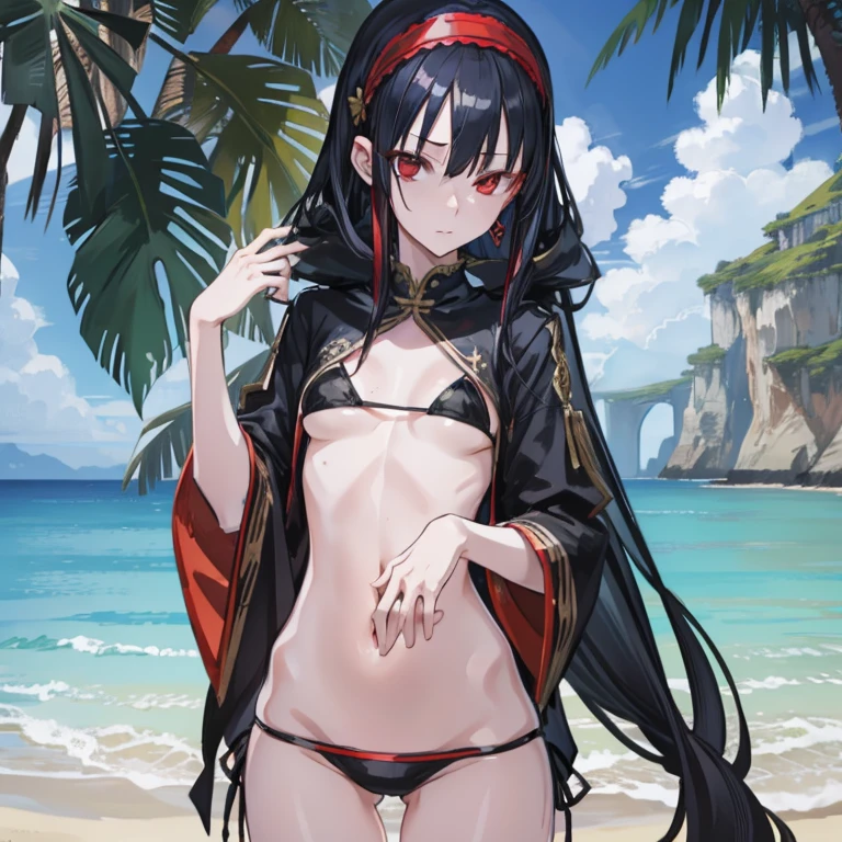 yorbriar, yor briar, black hair, (red eyes:1.5), earrings, gold hairband, hairband, long hair, sidelocks,underboob,pointy breasts,small breasts,
BREAK bikini,
BREAK outdoors, beach,
BREAK looking at viewer,
BREAK (masterpiece:1.2), best quality, high resolution, unity 8k wallpaper, (illustration:0.8), (beautiful detailed eyes:1.6), extremely detailed face, perfect lighting, extremely detailed CG, (perfect hands, perfect anatomy),