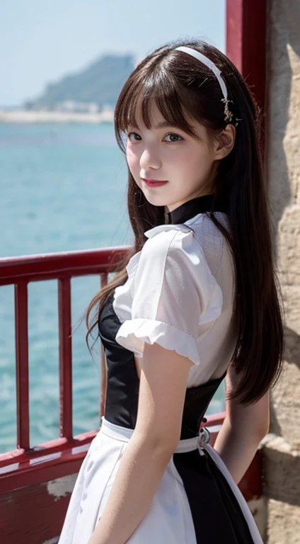 promo photo, The place is a restaurant by the sea.，1 girl, 16-year-old face, waitresses, Red-headed twin-tailed, Gentle face, Gothic Lolita half costume and maid costume and strawberry image, Clothes based on white,