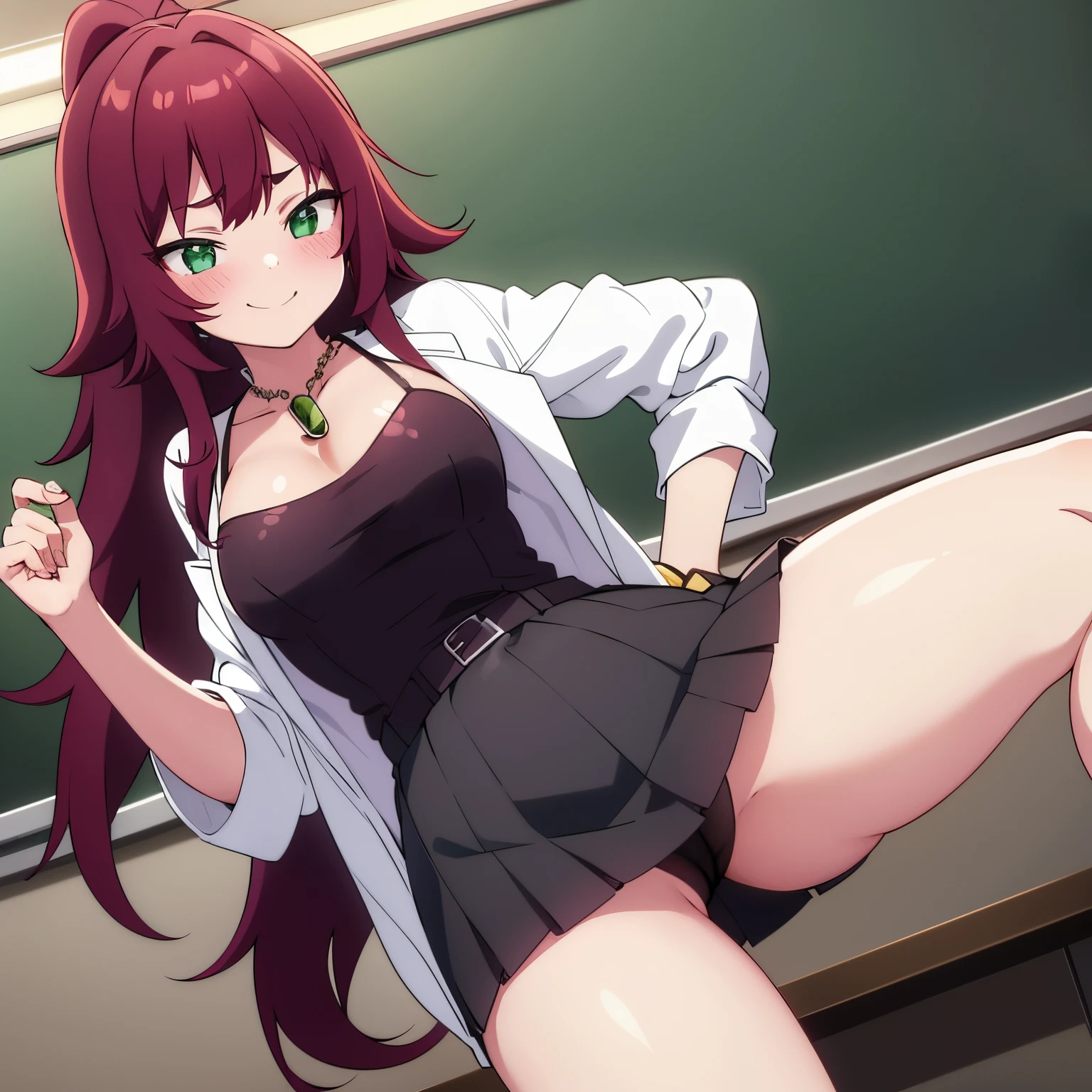 1girl, alone, yakuzen kusuri, teenagers, , long hair, reddish wine hair, ponytail, locks with two divisions on the head, green eyes, reddish wine glasses, embarrassed, seductive, smiling, closed mouth, sexy posture, chemistry classroom, laboratory, white coat, sleeves folded around the elbows, neckline, underwear, purple bra, bra with black lace, necklace with green gem around the neck, black skirt, short skirt, black loafers, black stockings, stockings covering around calves, large breasts, medium waist, medium hips, wide thighs